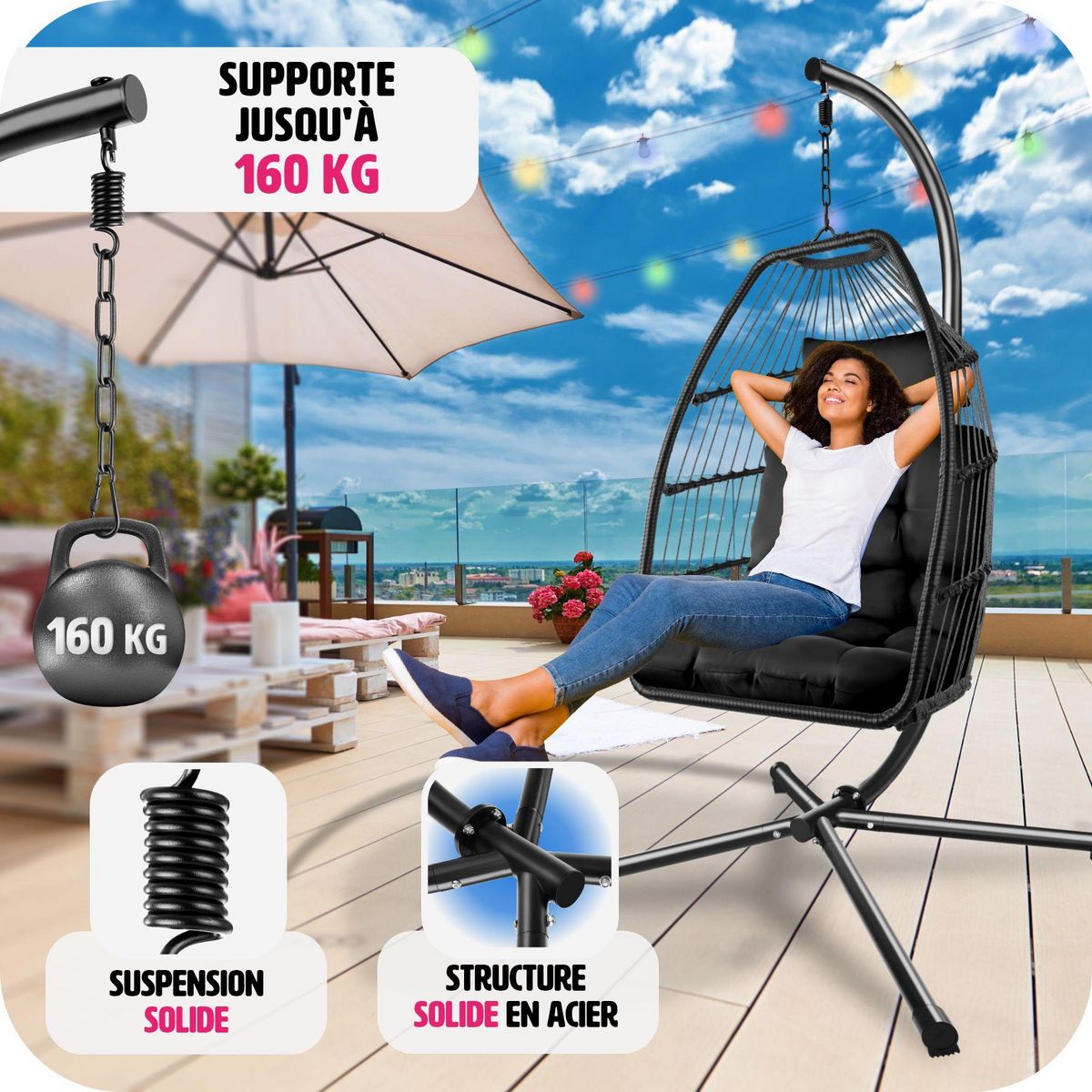 tectake Fauteuil suspendu Ariane avec structure et coussin 160kg