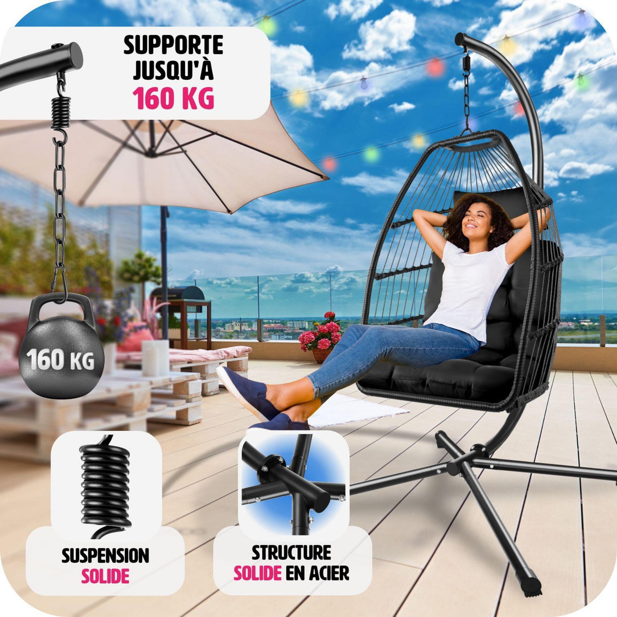 tectake Fauteuil suspendu Ariane avec structure et coussin 160kg