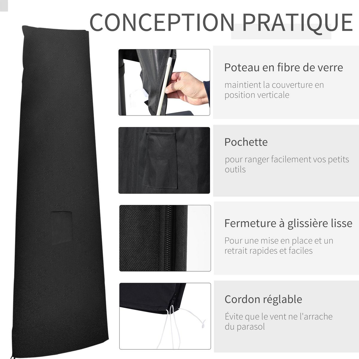 OUTSUNNY Housse de protection parasol Oxford 300D imperméable anti-UV zippée noir