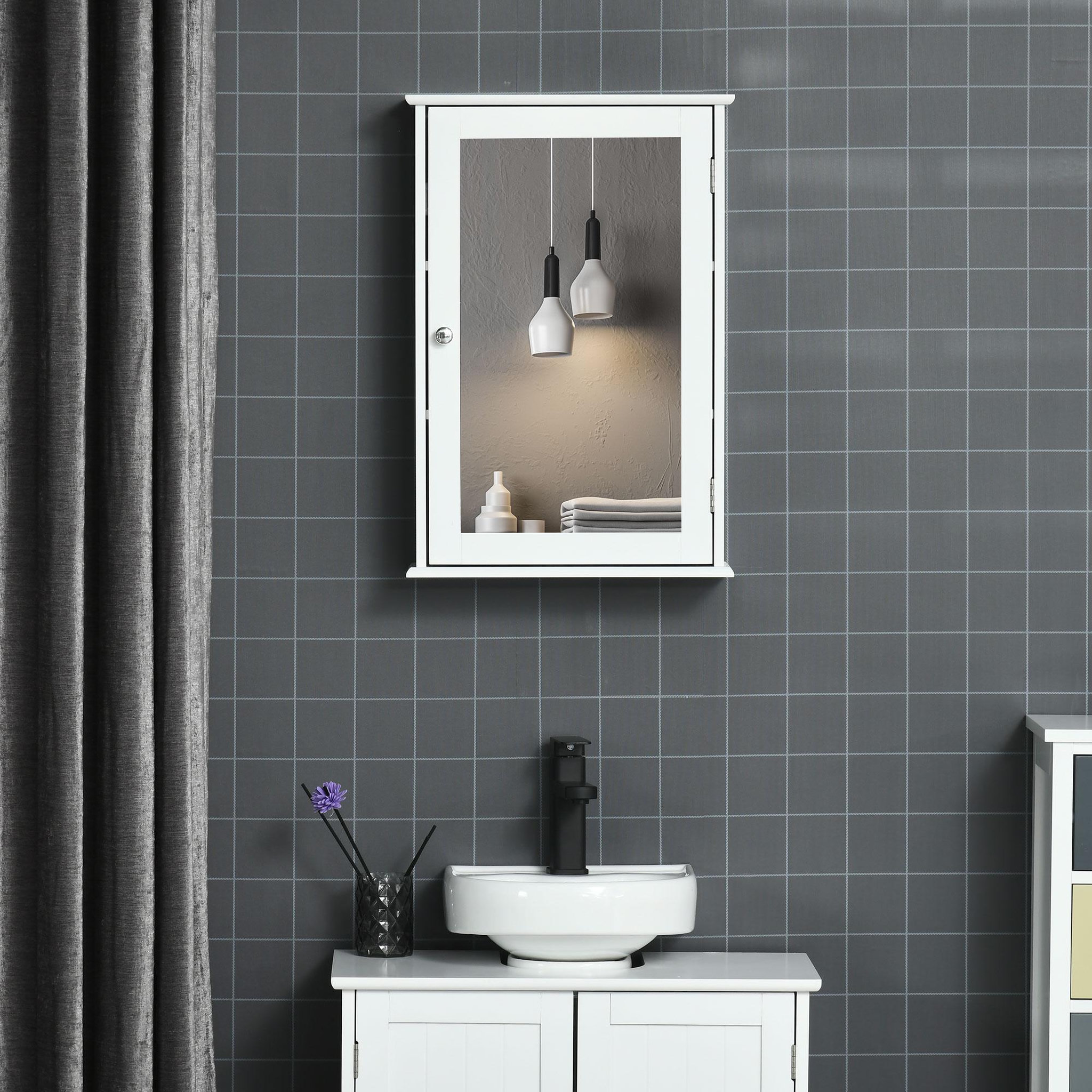Voir la diapositive 2 : KLEANKIN Armoire murale de salle de bain avec miroir - armoire à glace - placard de rangement toilettes - 1 porte, 2 étagères - verre mdf blanc