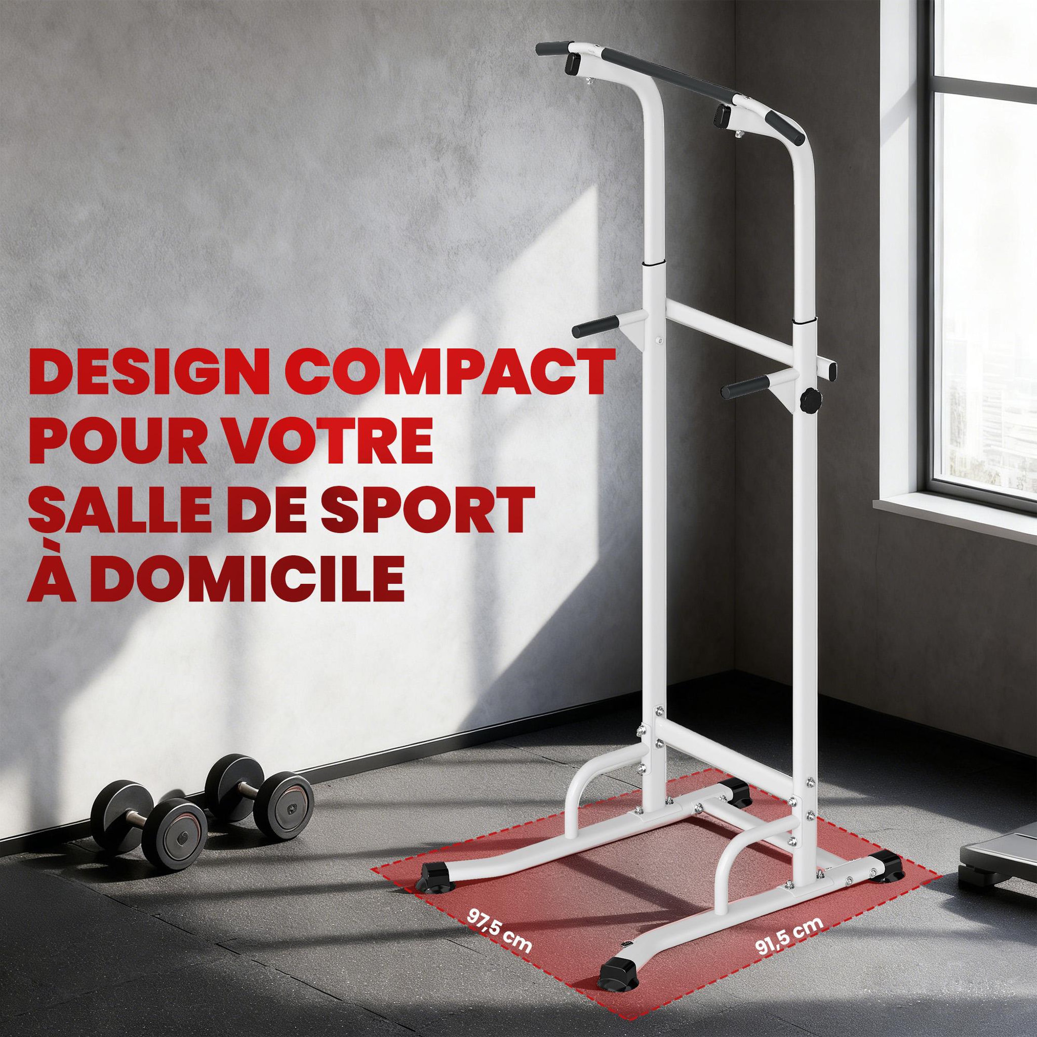 Voir la diapositive 6 : HOMCOM Station de traction et dips - barre de traction autoportante réglable h.176-227cm - acier blanc