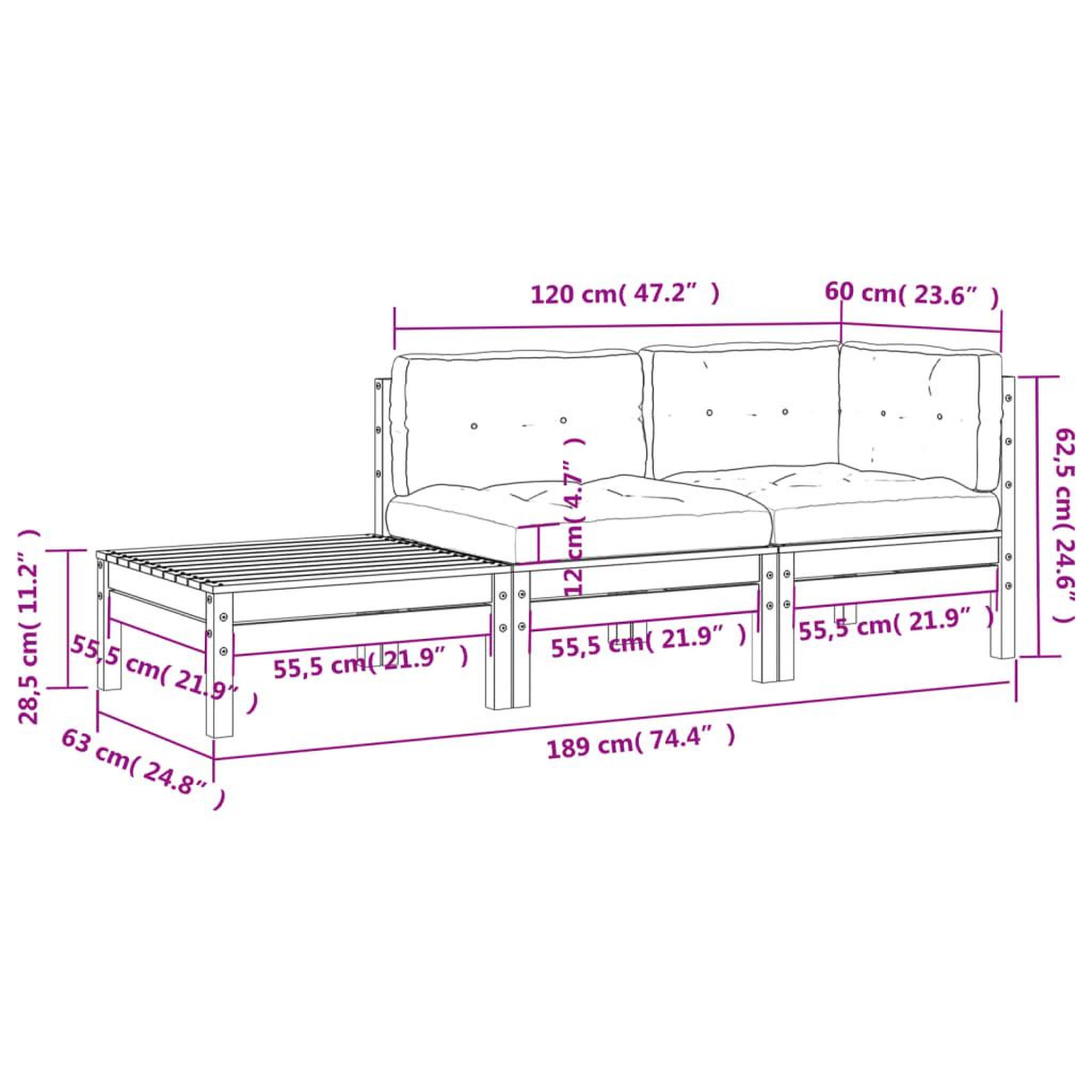 Voir la diapositive 6 : VIDAXL Canape de jardin avec coussins et repose-pied bois pin massif