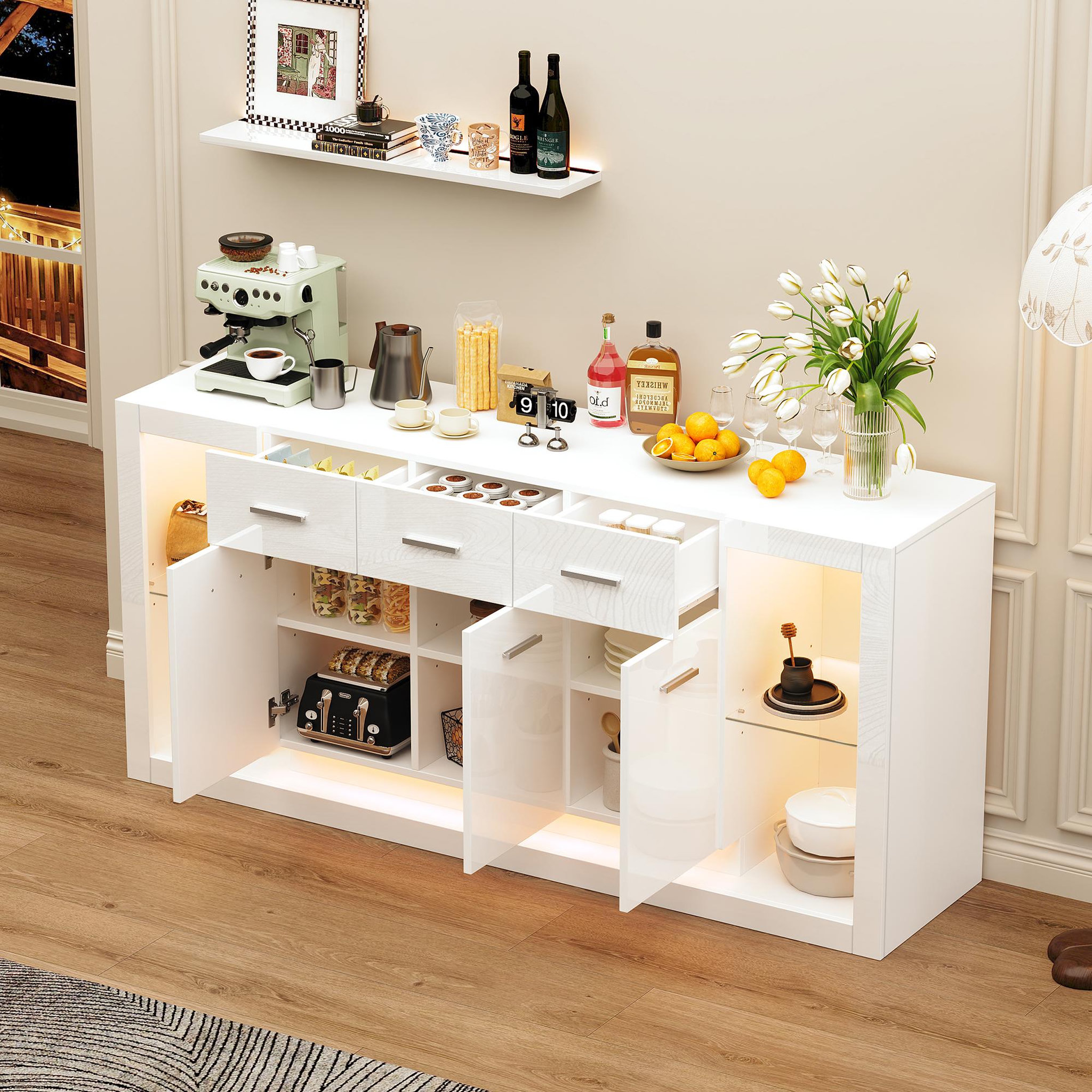 Voir la diapositive 5 : MERAX Buffet 3 porte(s) 3 tiroir(s) - 160 cm blanc led panneau de particules