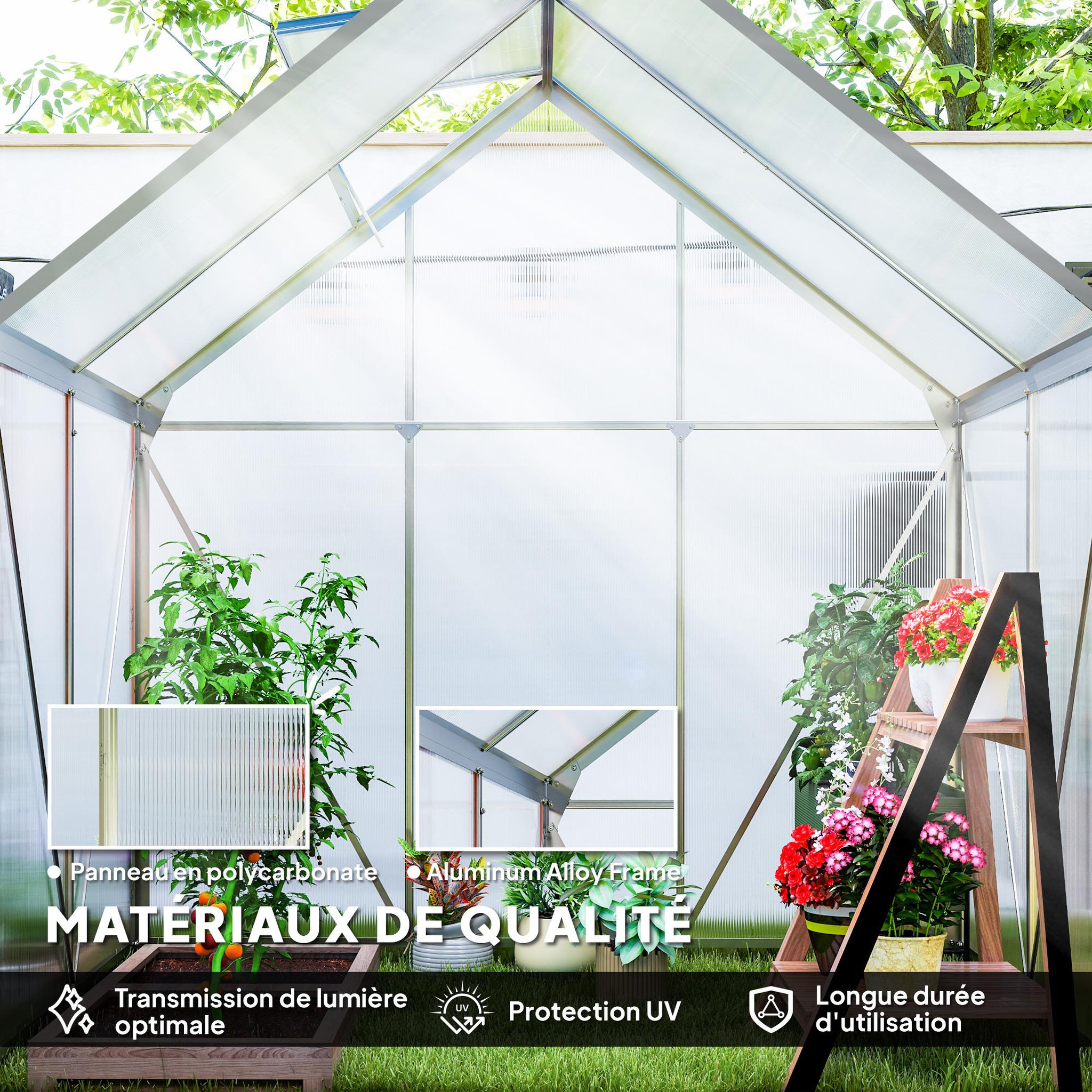 Voir la diapositive 6 : OUTSUNNY Serre de jardin aluminium polycarbonate 2,5 m² dim. 1,92L x 1,31l x 2H m lucarne réglable fondation porte coulissante