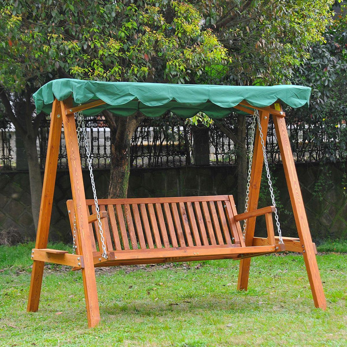 OUTSUNNY Balancelle de jardin 3 places 2 tablettes support 1,95L x 1,3l x 1,85H m charge max. 360 Kg bois de pin vert