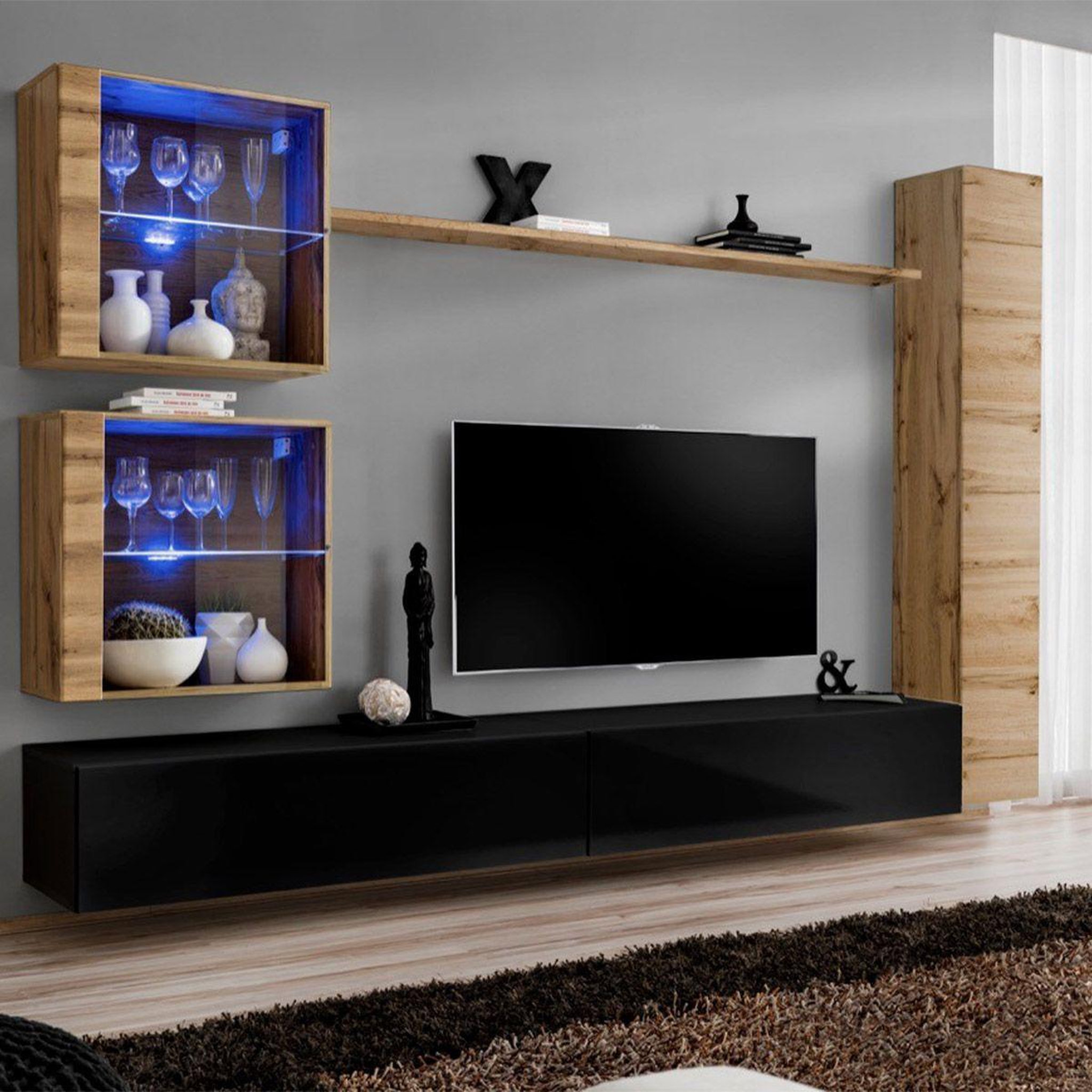 Paris Prix Meuble tv mural design  switch xviii  280cm noir & naturel
