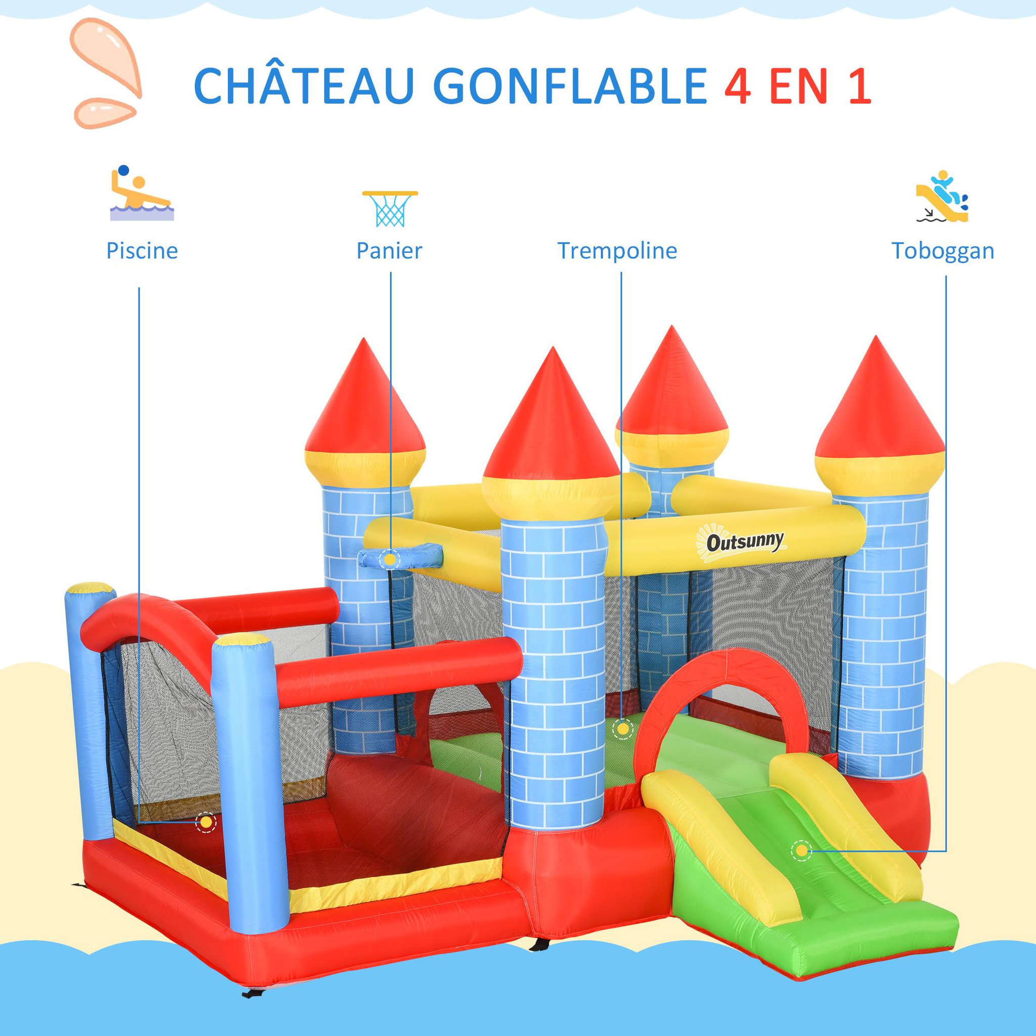 Voir la diapositive 4 : OUTSUNNY Château gonflable enfant - toboggan, trampoline, piscine, panier - gonfleur, sac de transport inclus - dim. 2,8L x 2,6l x 2,1H m - polyester multicolore
