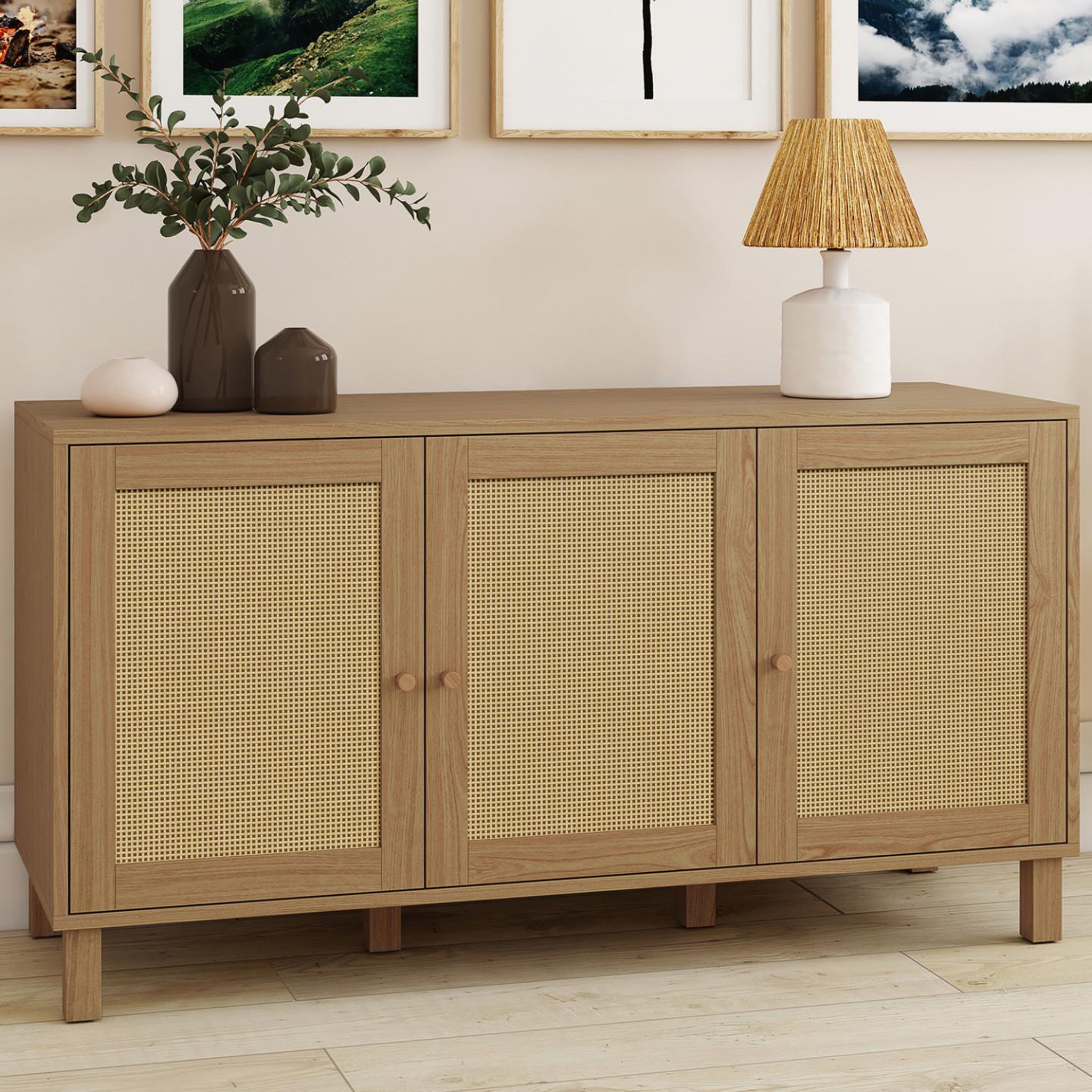 Voir la diapositive 2 : ID MARKET Buffet bas vintage 113 cm HANAE 3 portes effet naturel cannage