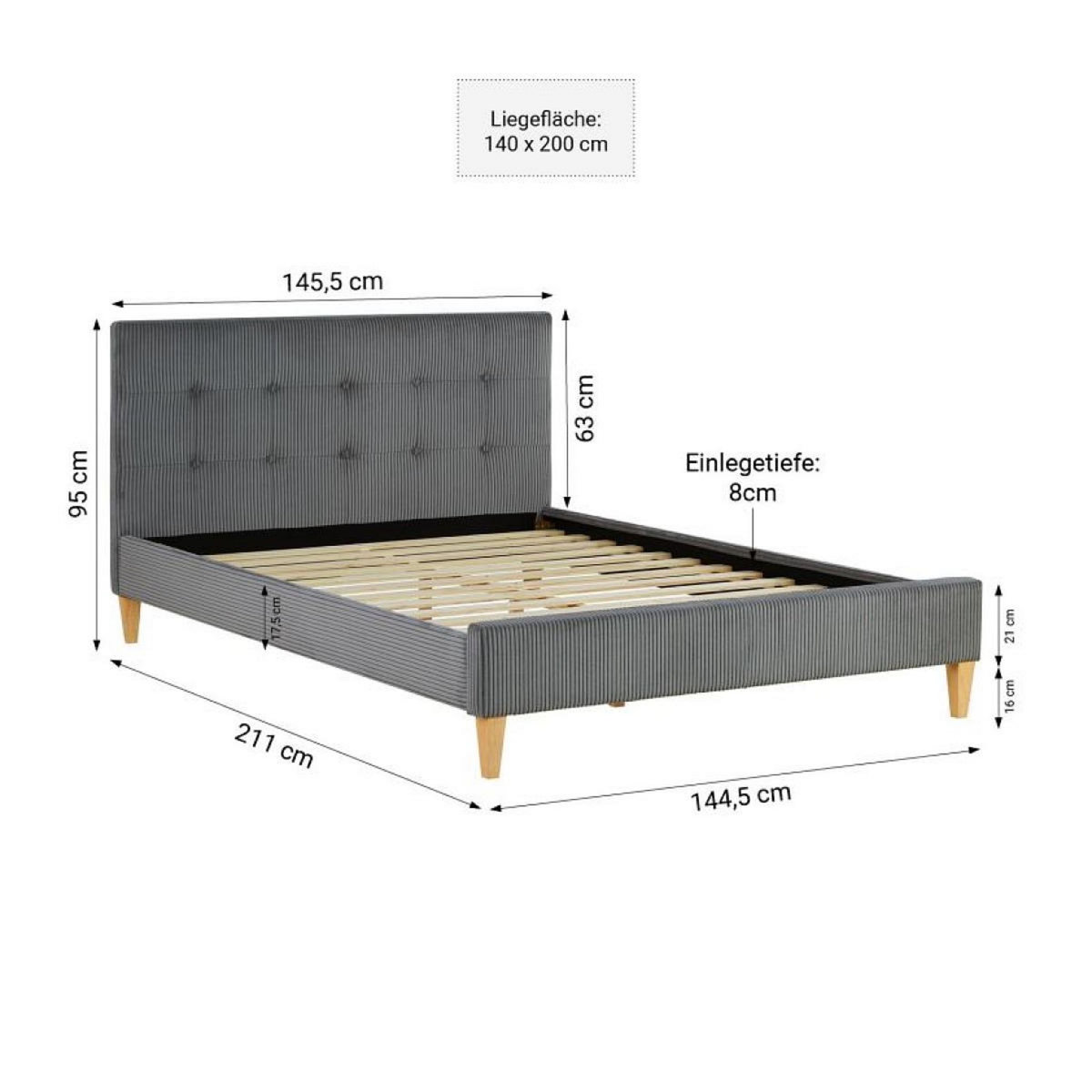 HomeStyle4U Lit 2 Places 140x200 cm avec Matelas gris