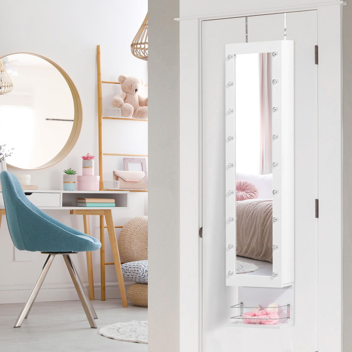 HOMCOM Armoire à bijoux avec miroir - 5 tiroirs coulissants, 2 compartiments latéraux avec crochets, rangement haut à bagues verrouillable - MDF blanc