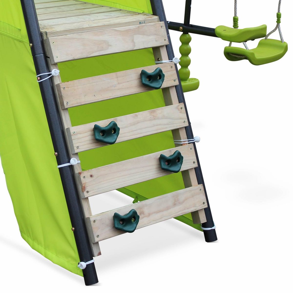 SWEEEK Balançoire 5 agrès - Portique avec 2 balançoires. 1 face à face. 1 toboggan. 1 panier de basket. 1 mur d'escalade et 1 tente