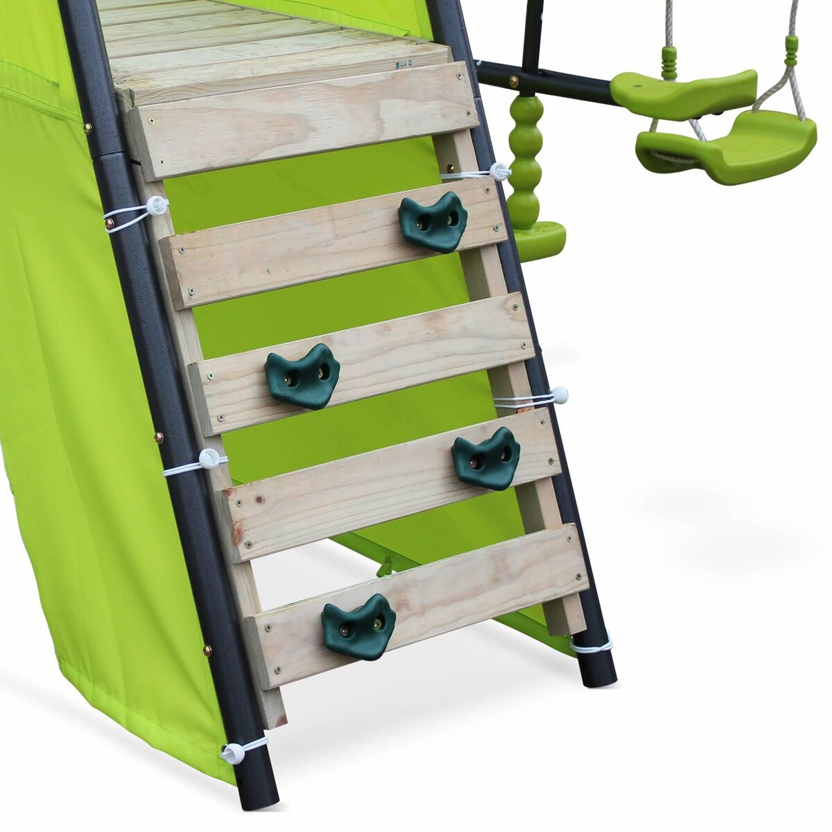 SWEEEK Balançoire 5 agrès - Portique avec 2 balançoires. 1 face à face. 1 toboggan. 1 panier de basket. 1 mur d'escalade et 1 tente