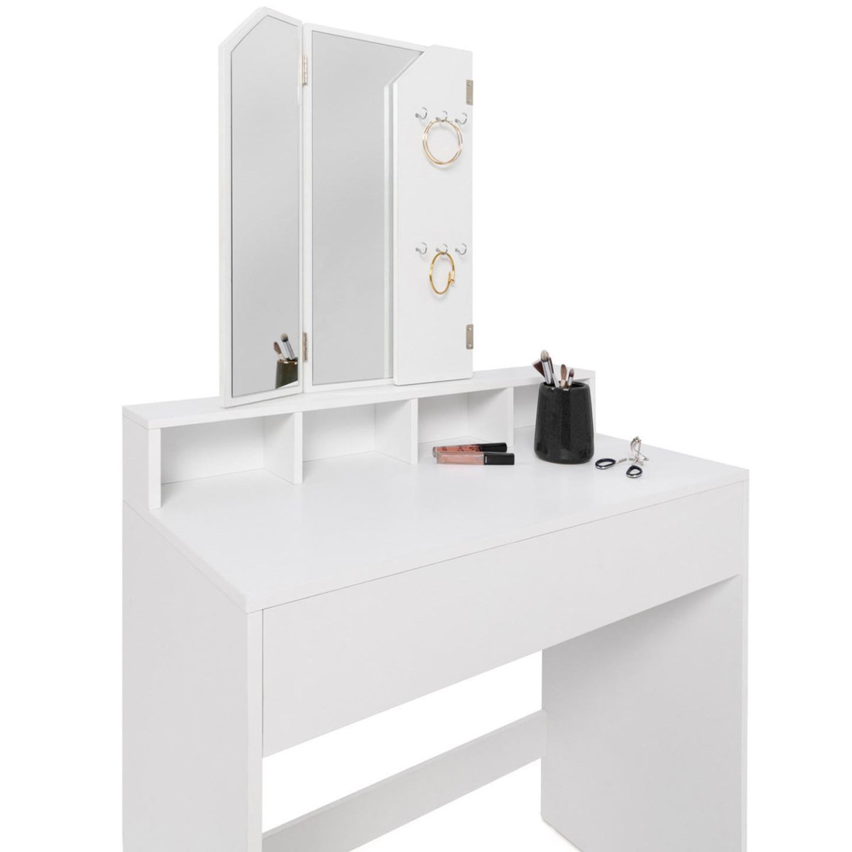 ID MARKET Coiffeuse ZELIA 3 miroirs avec 4 niches, 1 tiroir et tabouret