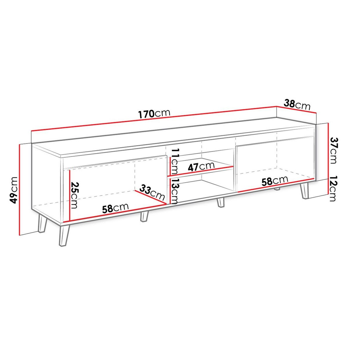 Meuble TV 2 portes et 2 niches 170cm  ERIC