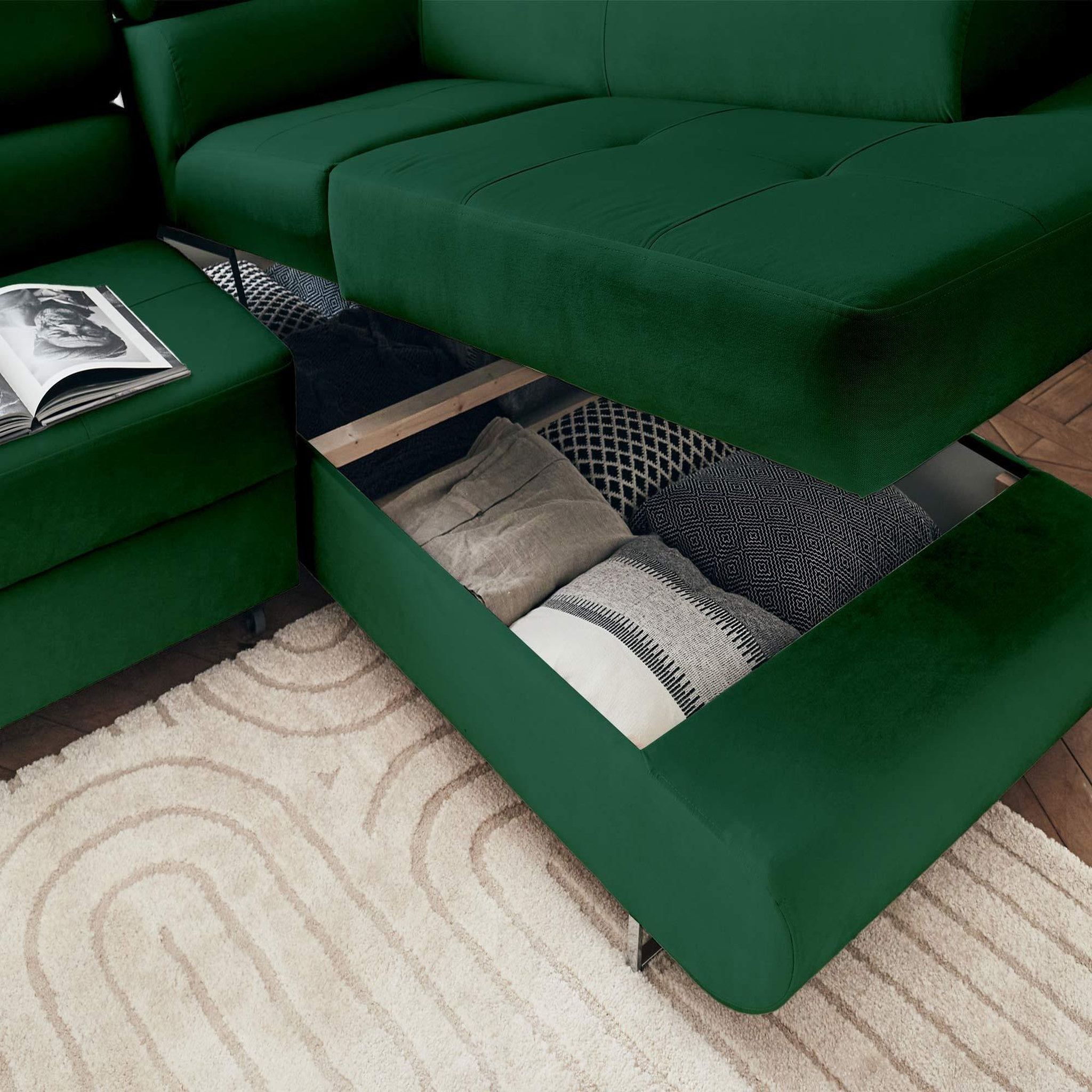 Voir la diapositive 3 : BEST MOBILIER Pablo - canapé d'angle droit - 5 places - convertible avec coffre et têtières réglables - en velours