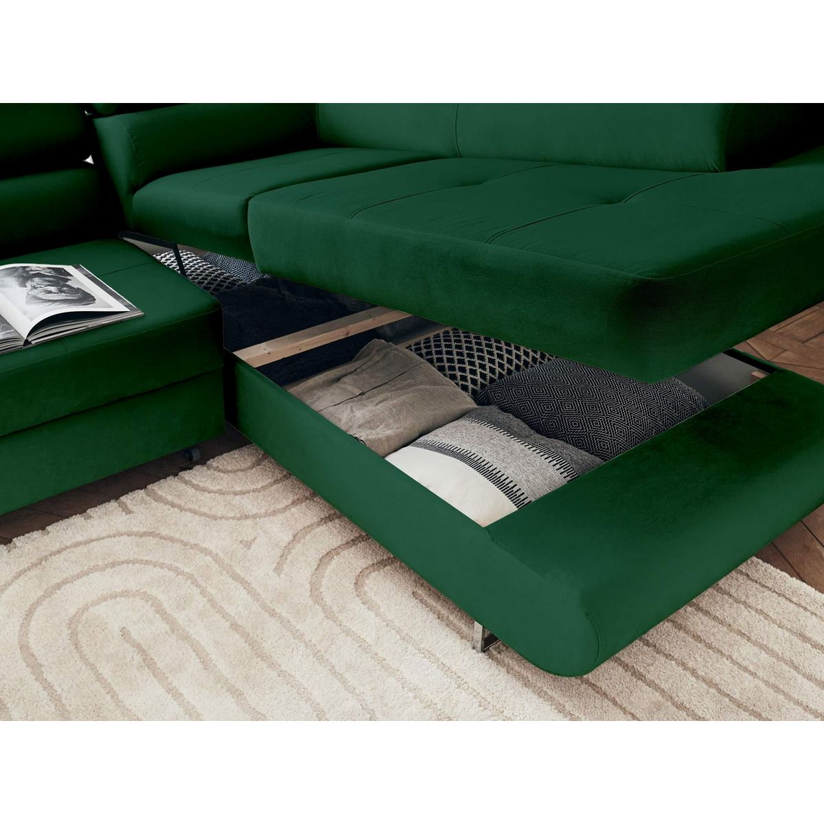 BEST MOBILIER Pablo - canapé d'angle droit - 5 places - convertible avec coffre et têtières réglables - en velours