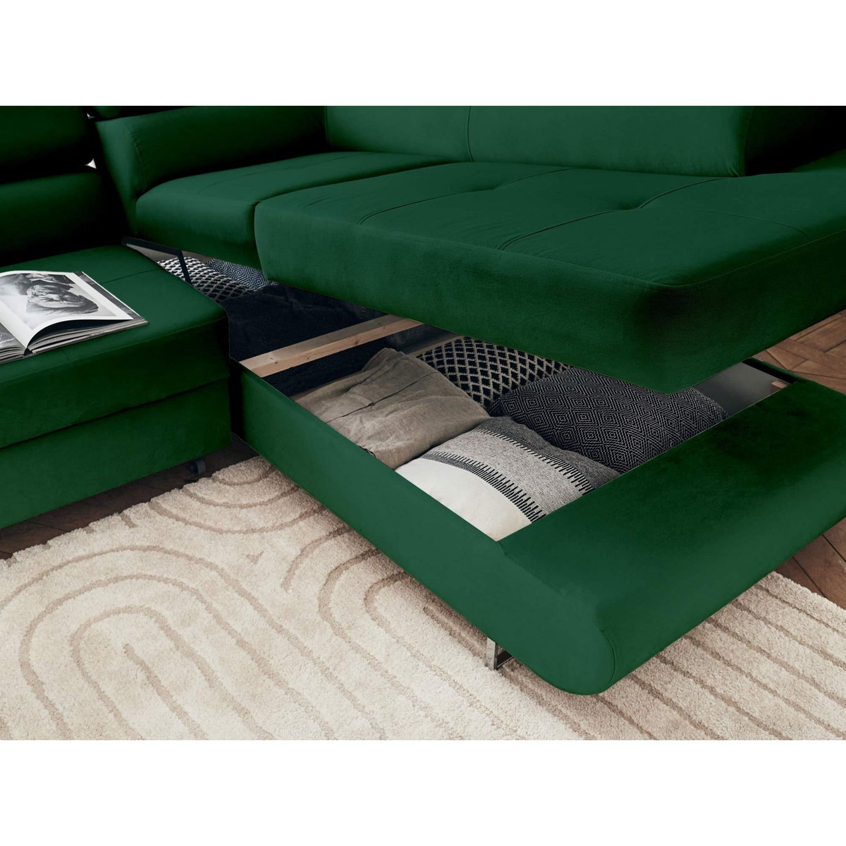 BEST MOBILIER Pablo - canapé d'angle droit - 5 places - convertible avec coffre et têtières réglables - en velours