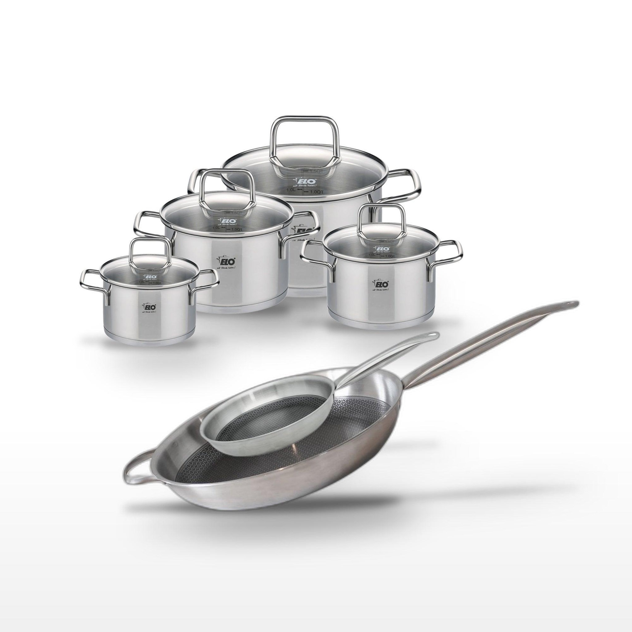 ELO Batterie de cuisine set de casseroles et poêles 12/14/16/20 cm faitouts 24/32 cm poêles elo collection relief solution citrin