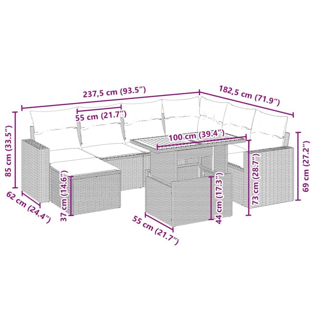 VIDAXL Salon de jardin avec coussins 8 pcs beige resine tressee
