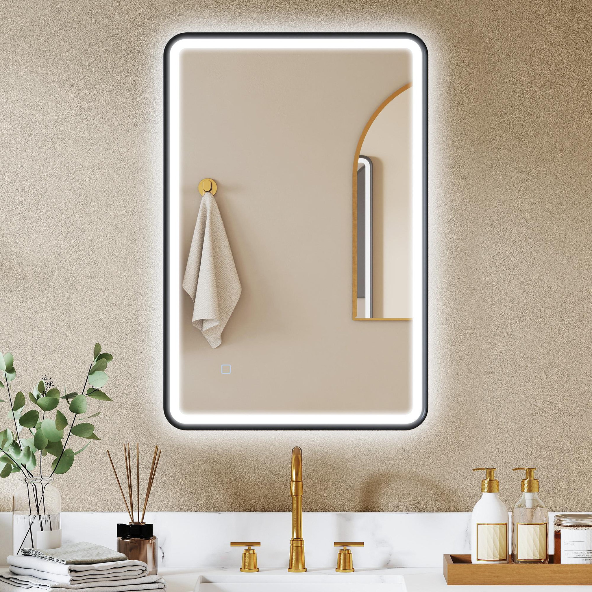 Voir la diapositive 2 : HOMCOM Miroir mural led tactile réglable 44w fonction antibuée dim. 60 x 90 cm aluminium noir