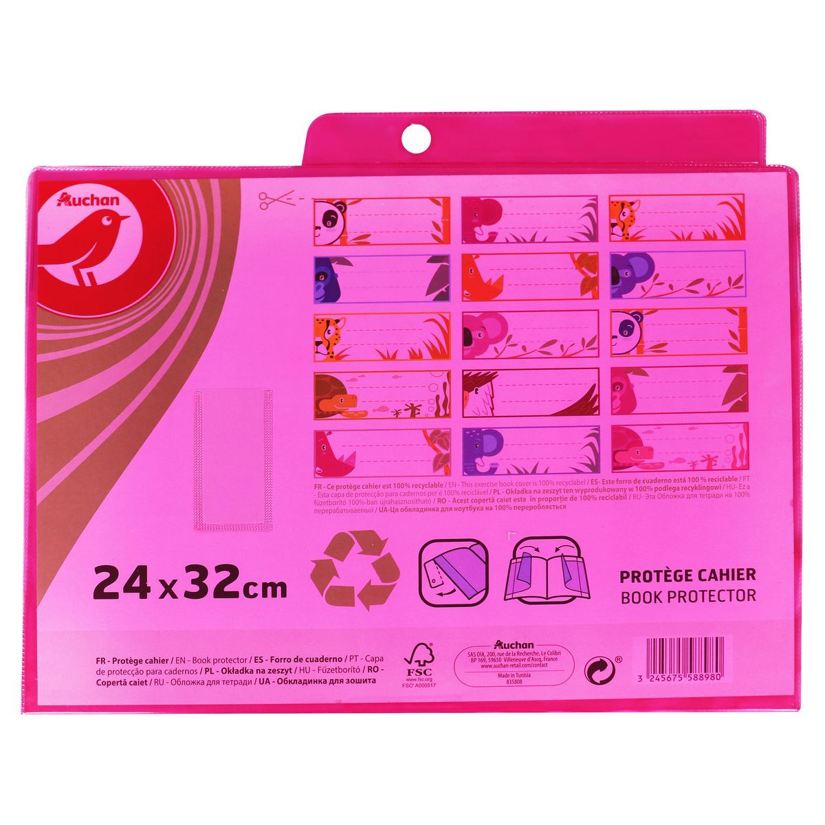 AUCHAN Protège cahier 24x32cm à rabats cristal rose translucide