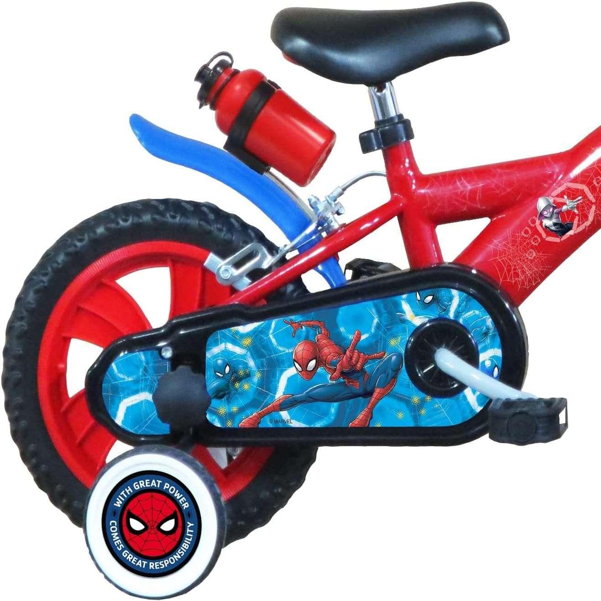 Voir la diapositive 2 : Marvel Vélo enfant - Modèle 12'' Spiderman pour enfant de 85/100 cm avec stabilisateurs - 2 freins - Plaque décorative avant - Porte bidon et roues à bâtons