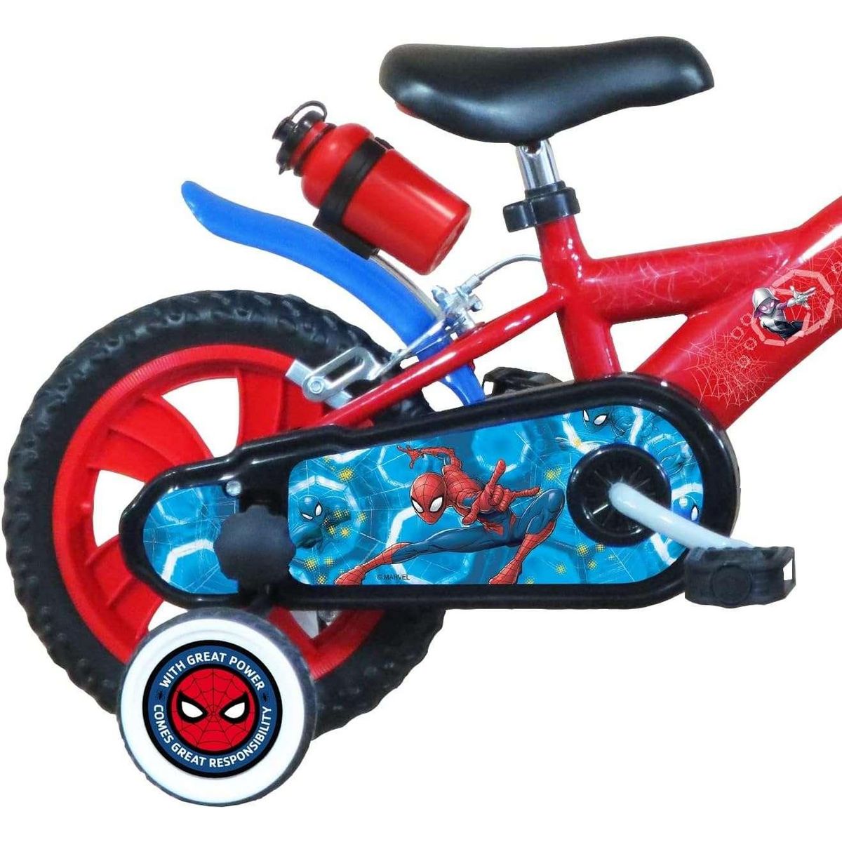 Marvel Vélo enfant - Modèle 12'' Spiderman pour enfant de 85/100 cm avec stabilisateurs - 2 freins - Plaque décorative avant - Porte bidon et roues à bâtons