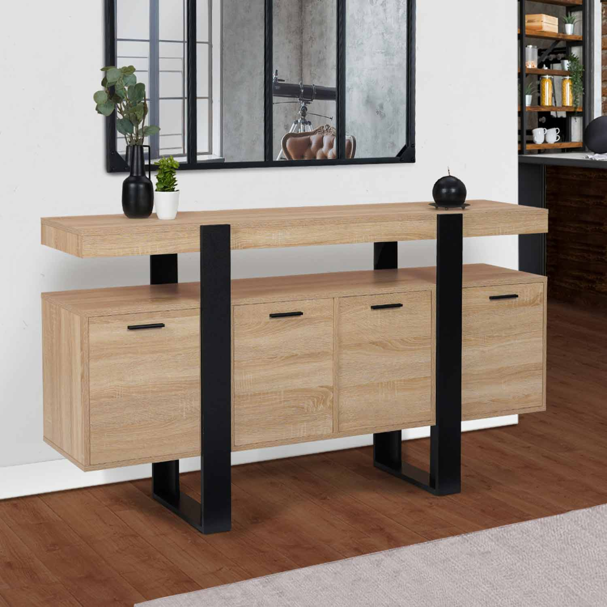 Voir la diapositive 2 : ID MARKET Buffet 160 cm phoenix xxl 4 portes bois et noir