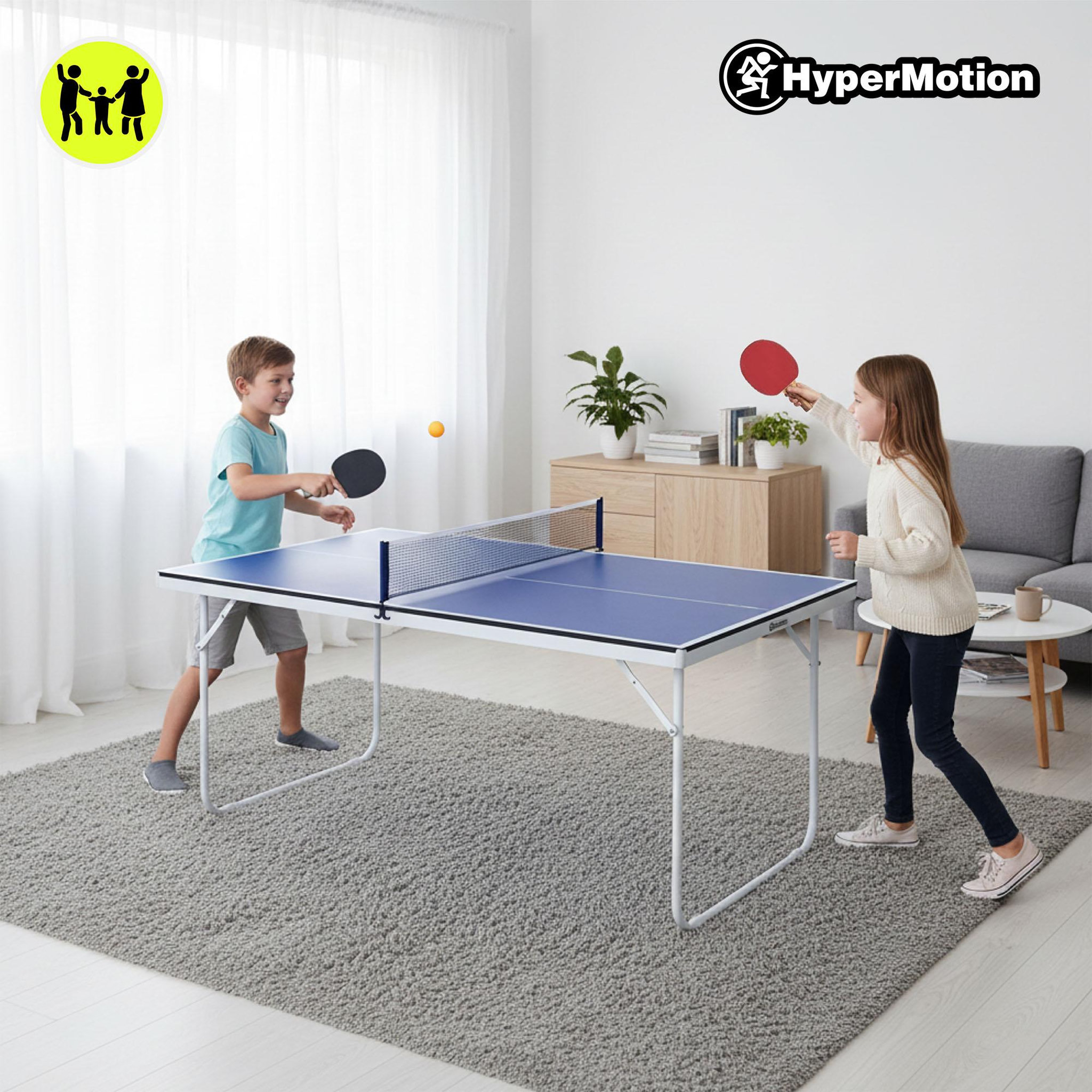 Voir la diapositive 4 : HYPERMOTION Table de ping-pong pliable HyperMotion bleue avec 2 raquettes, filet et balless-