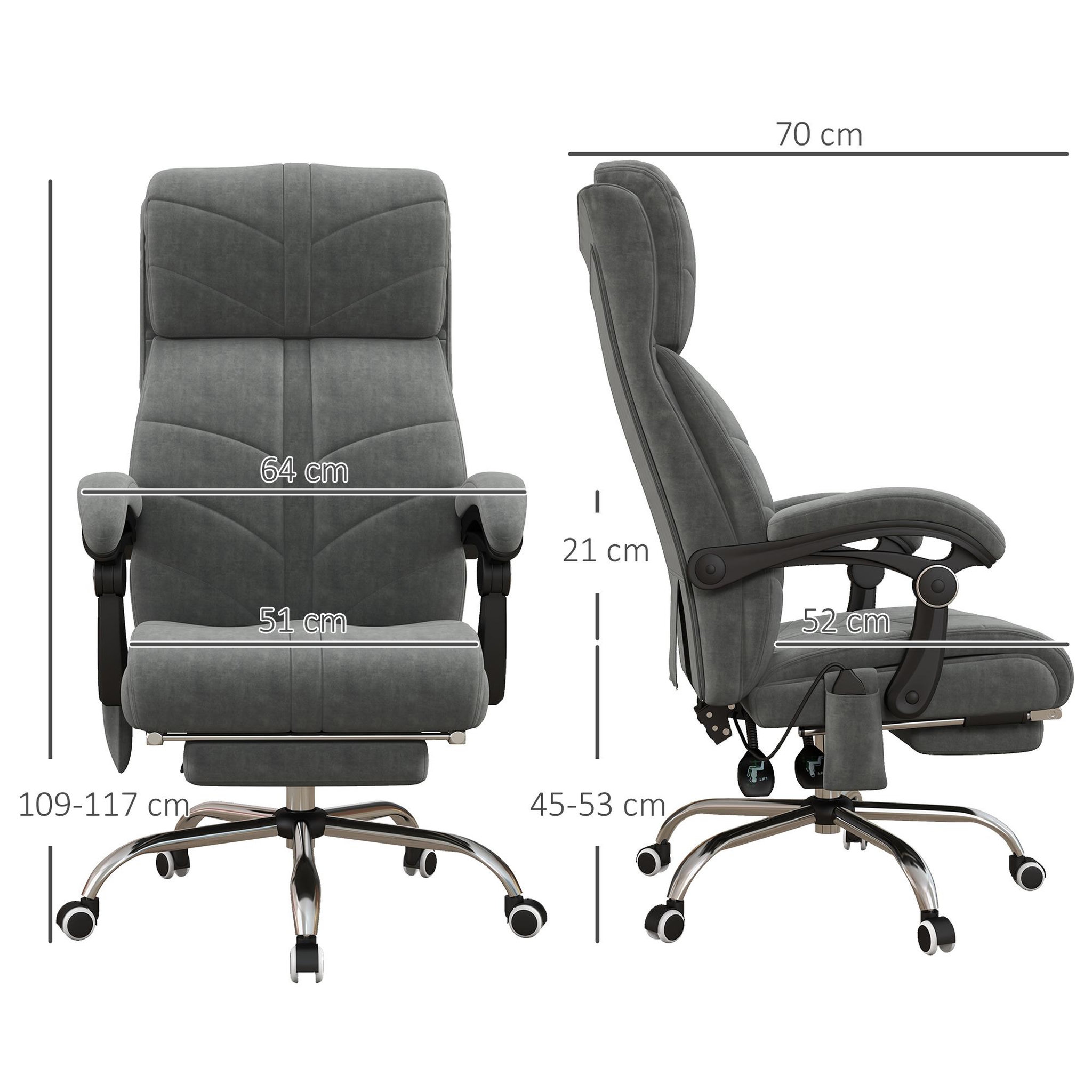 Voir la diapositive 3 : VINSETTO Fauteuil de bureau direction massant chauffant inclinable réglable repose-pied intégré tissu toucher flanelle grise