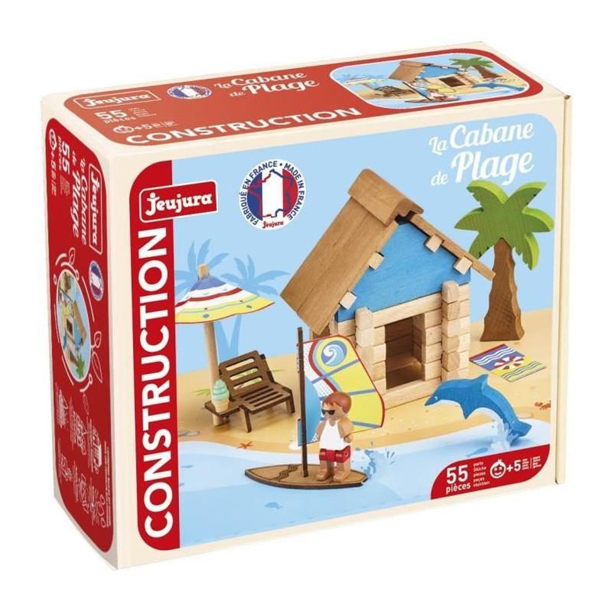 Voir la diapositive 1 : JeuJura La Cabane de Plage 55 Pieces - JEUJURA - Jeu de Construction en Bois Naturel, Tapis et Accessoires Inclus, 22x18,5x8,5 cm