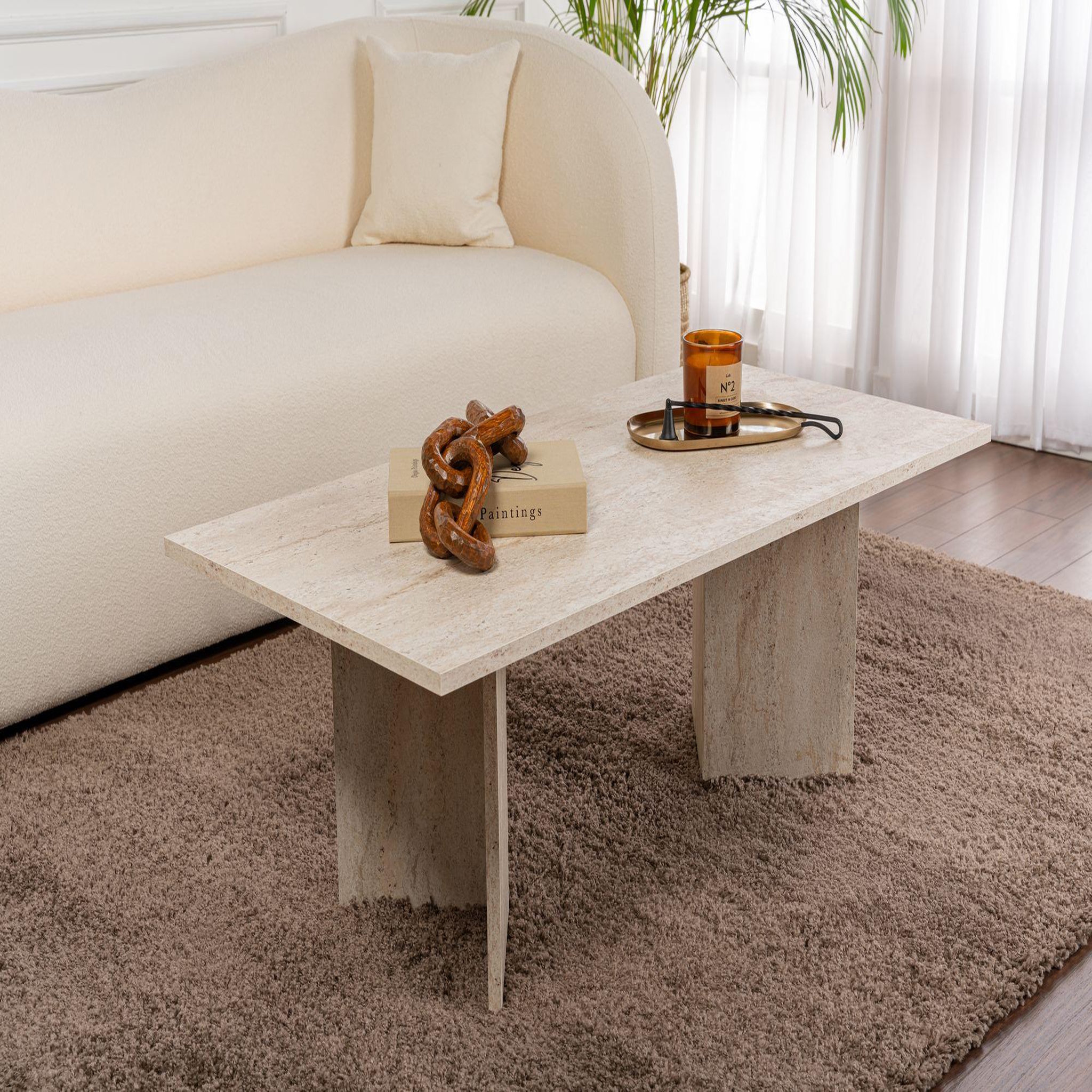 Voir la diapositive 2 : Habitat et Jardin Table basse en bois  sabin  - 60 x 119 x 40 cm - travertin