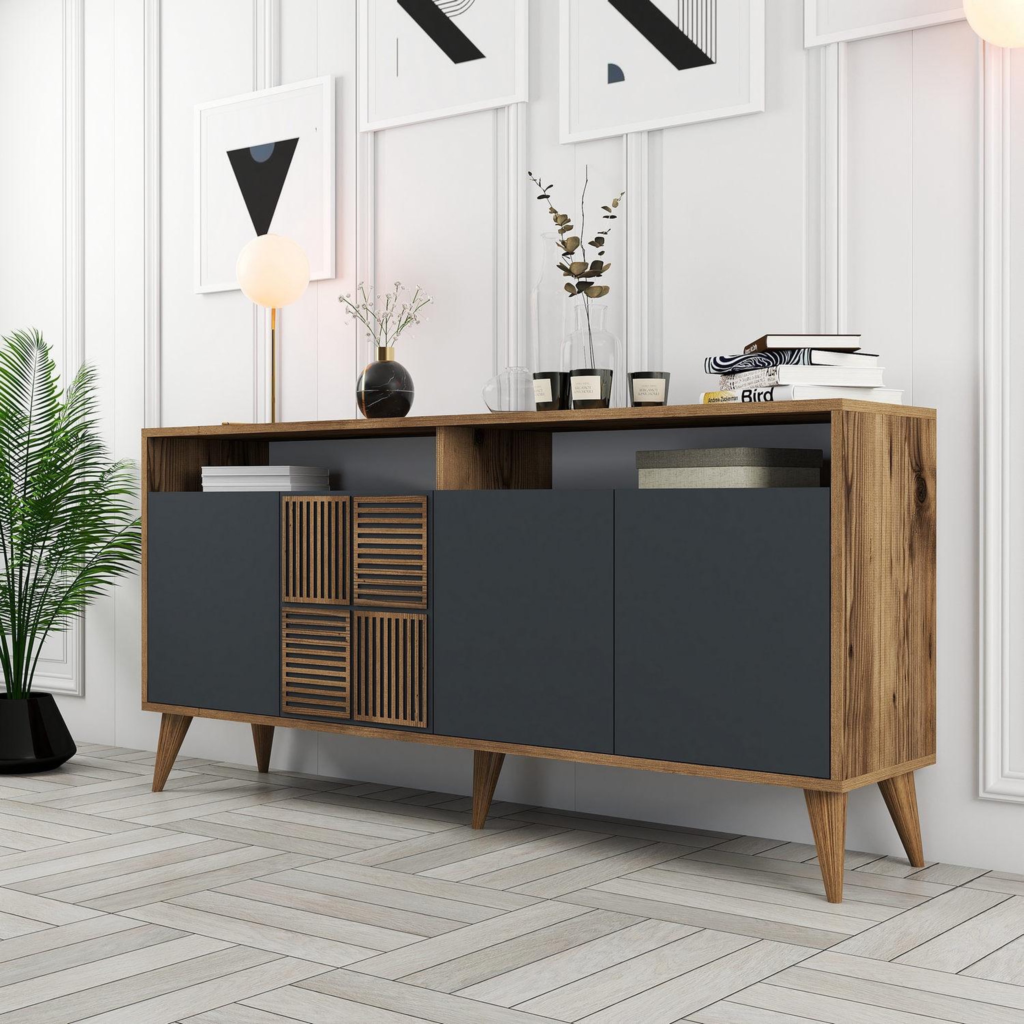 Voir la diapositive 3 : Habitat et Jardin Buffet en bois  Milan  - 160 x 35 x 78 cm - Noyer, Anthracite