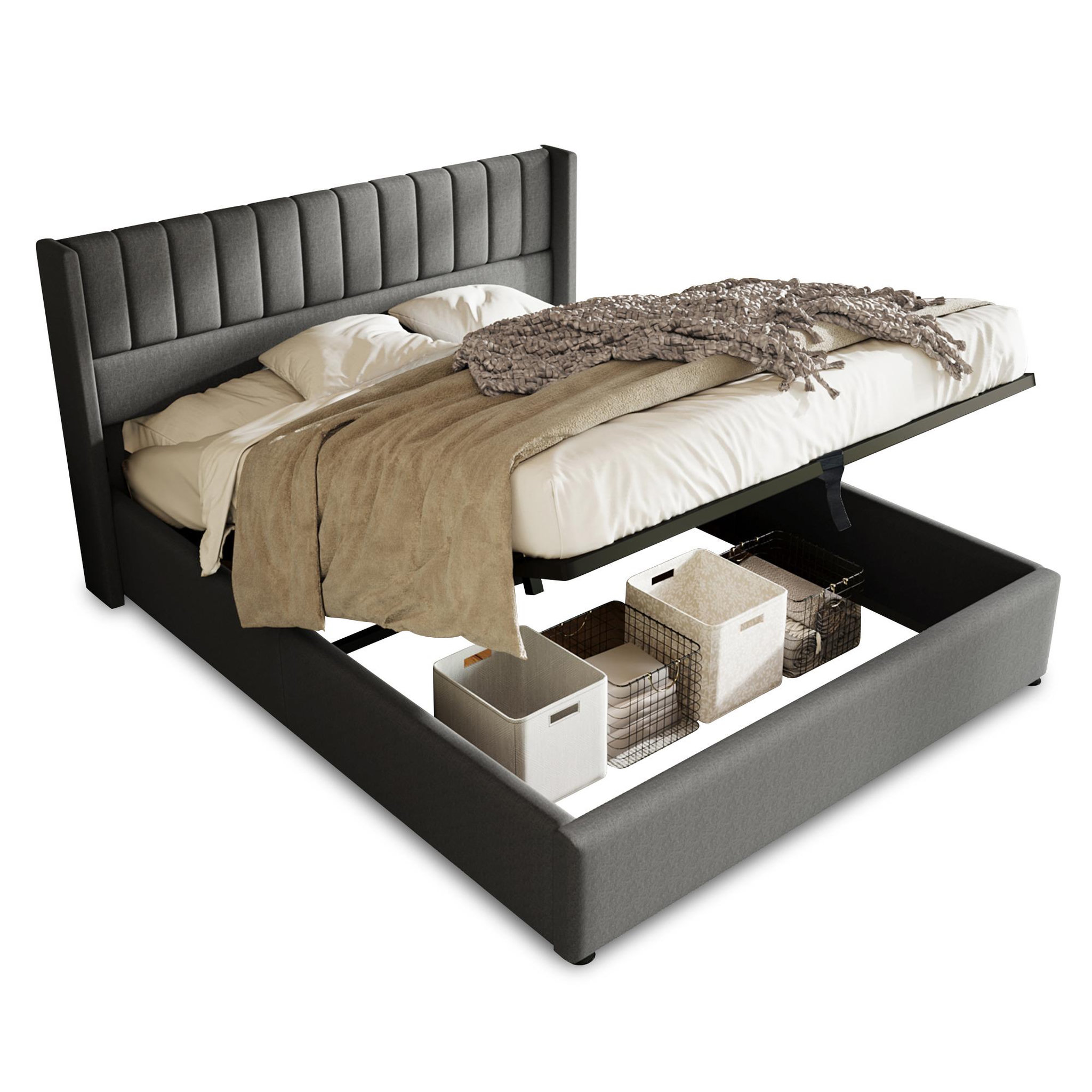 Voir la diapositive 1 : MERAX Lit coffre avec sommier Lin