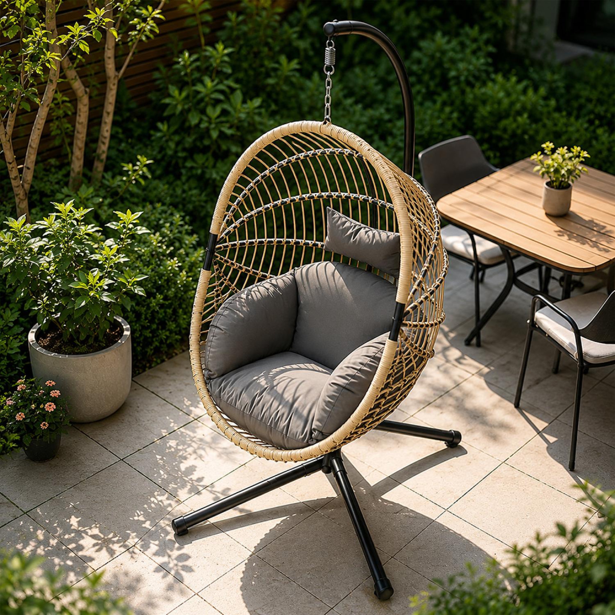 Voir la diapositive 6 : CONCEPT USINE Fauteuil suspendu effet rotin avec coussin gris brasilia