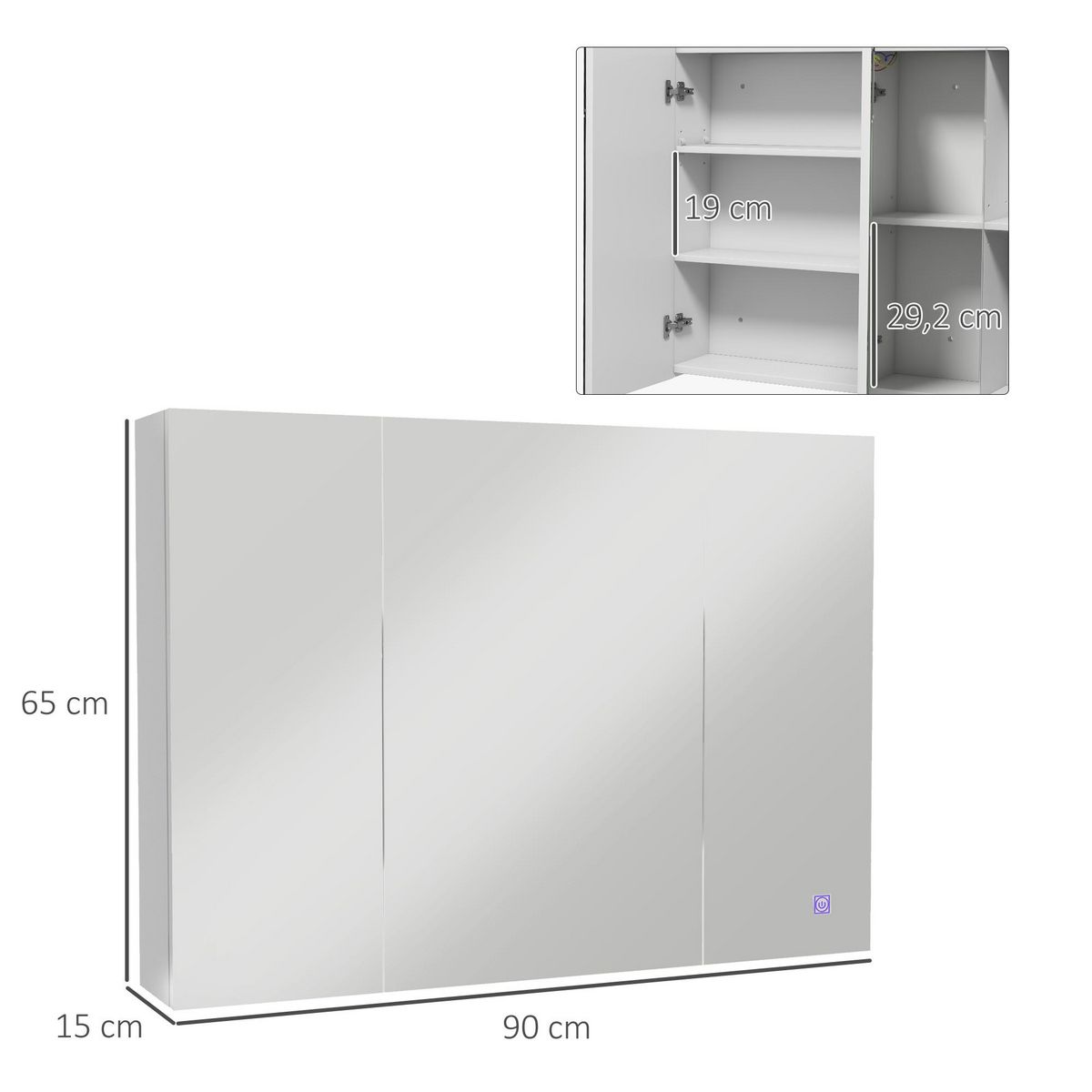 KLEANKIN Armoire miroir LED de salle de bain - 3 portes, 3 étagères - tactile, lumière réglable - MDF blanc laqué verre