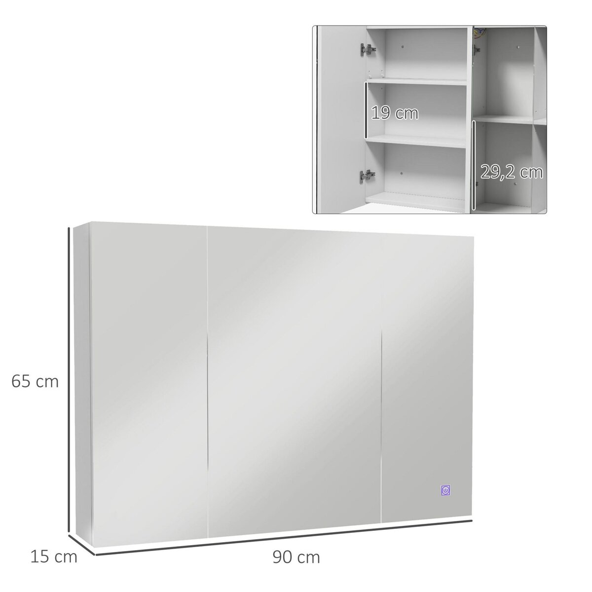 KLEANKIN Armoire miroir LED de salle de bain - 3 portes, 3 étagères - tactile, lumière réglable - MDF blanc laqué verre