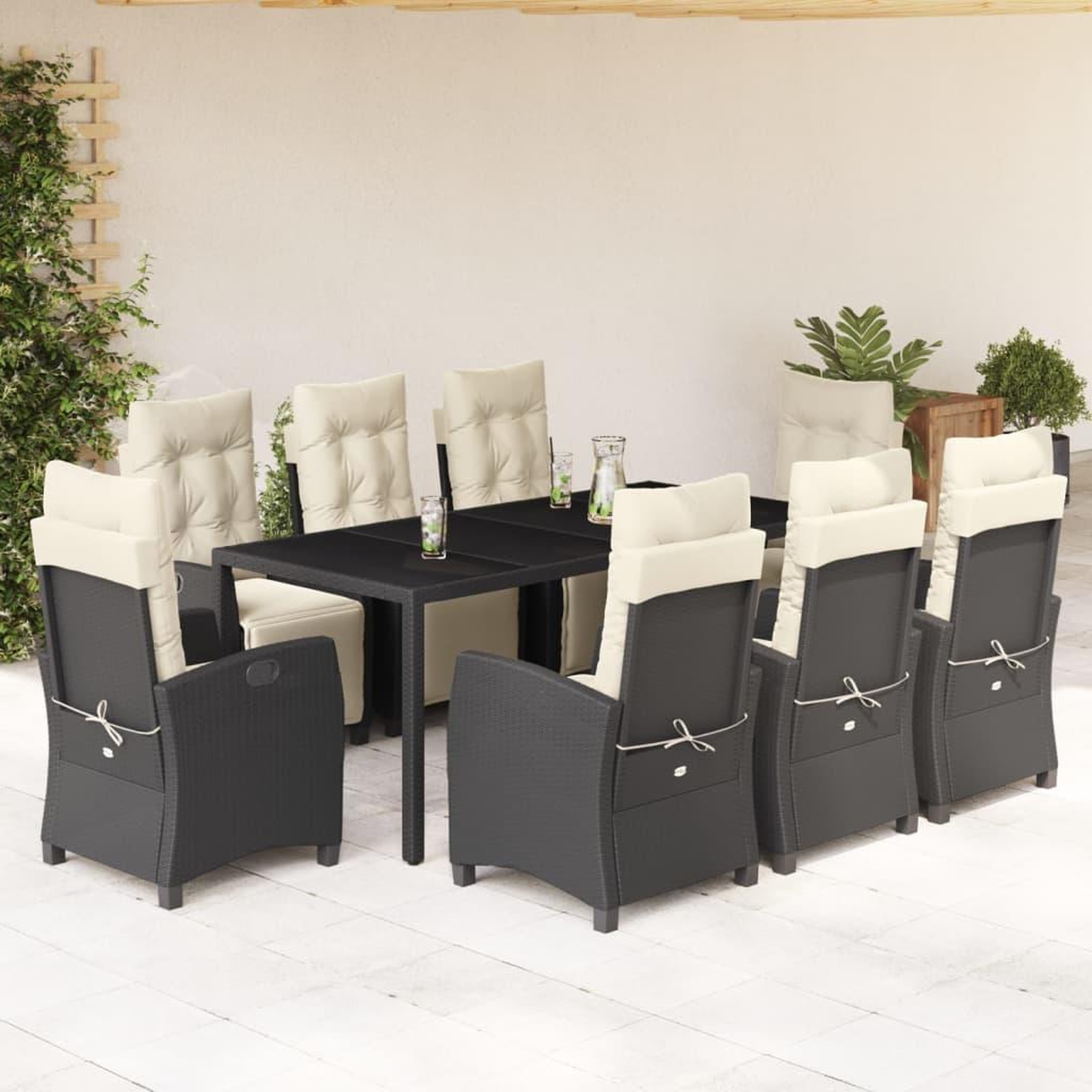 VIDAXL Ensemble a manger de jardin 9pcs coussins noir resine tressee