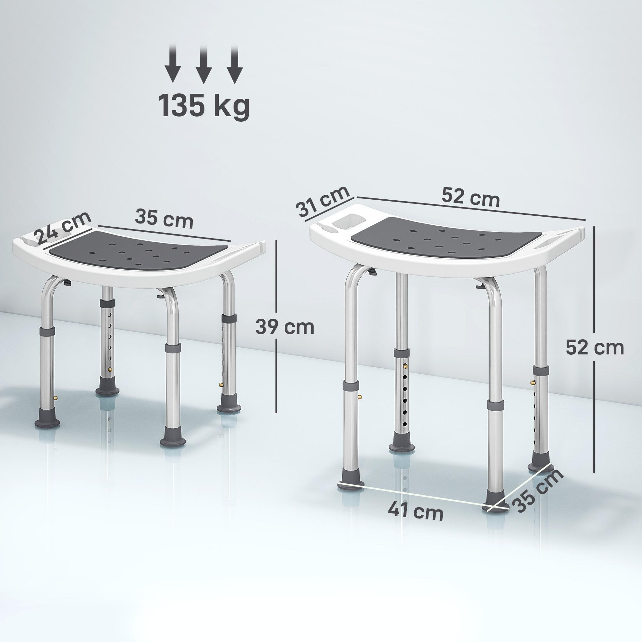 Voir la diapositive 3 : HOMCOM Siège de douche réglable en hauteur tabouret de douche ergonomique pieds antidérapants charge max. 135 kg alu hdpe blanc gris