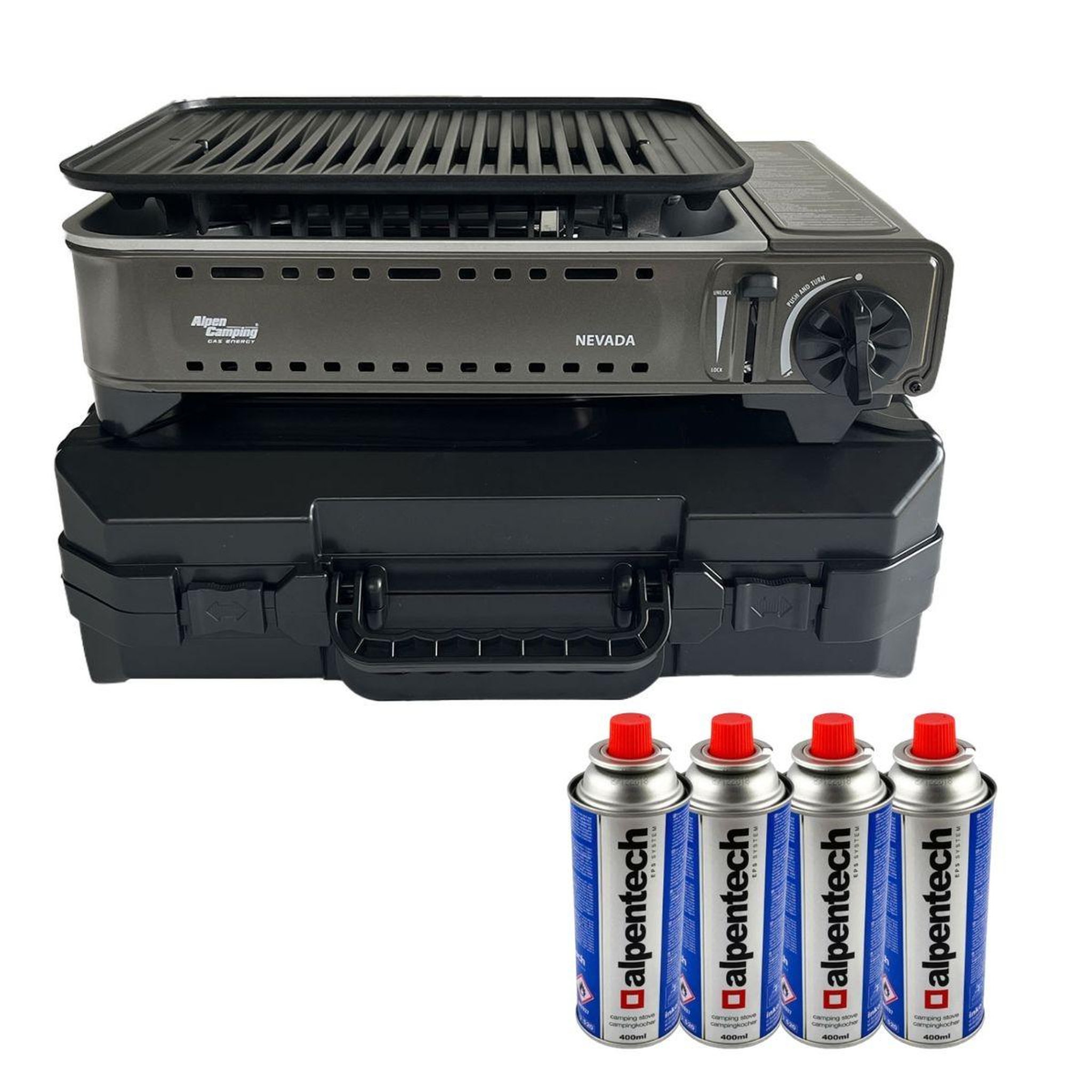 ALPENTECH Barbecue à gaz portable grill 1780w + 4 cartouches gaz butane allumage piezo + mallette camping alpen