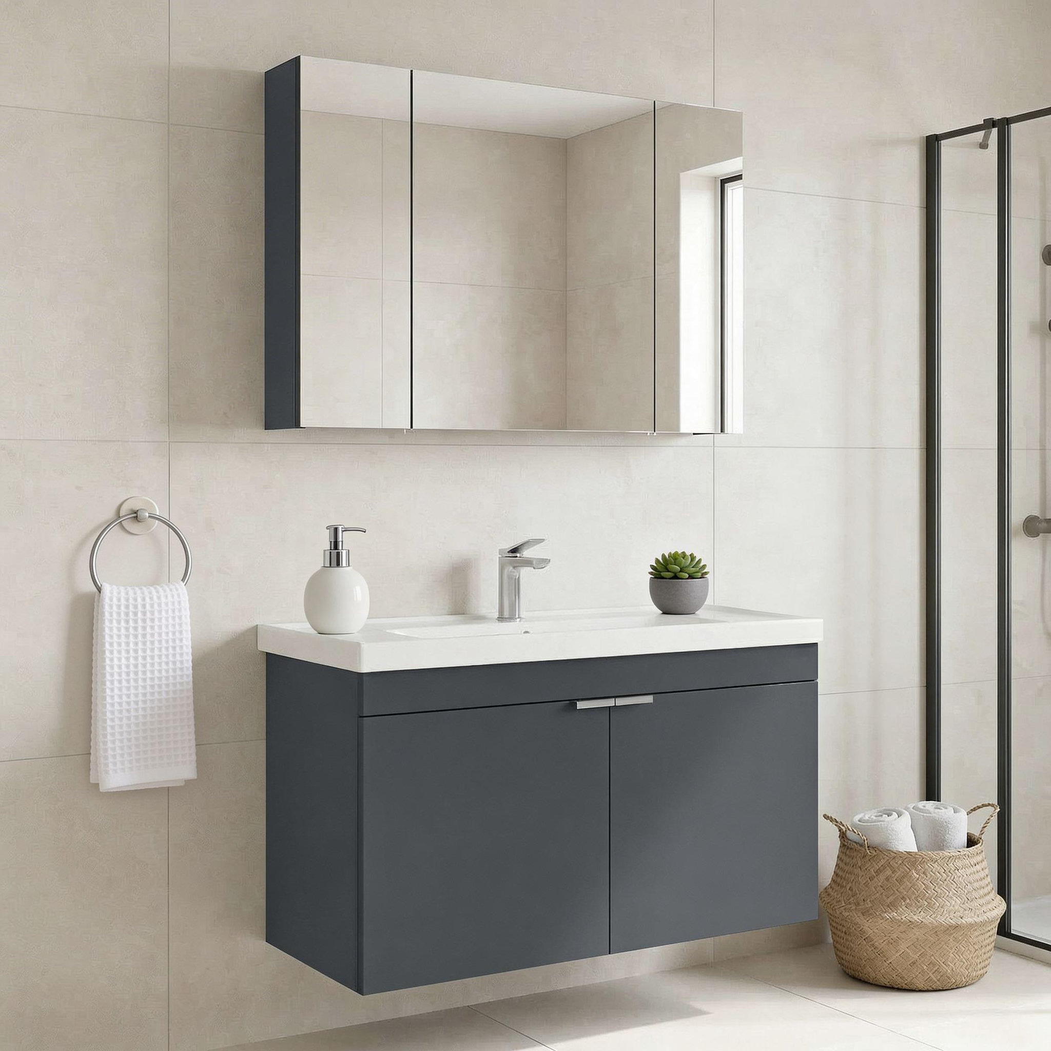 Voir la diapositive 2 : Habitat et Jardin Meuble avec simple vasque et miroir  Desna 100  - 100 x 45 x 58 cm - Matte Anthracite