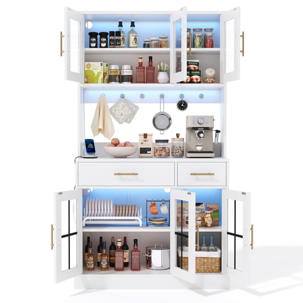 MERAX Buffet de cuisine 6 portes 2 tiroirs - 100 cm blanc led mdf