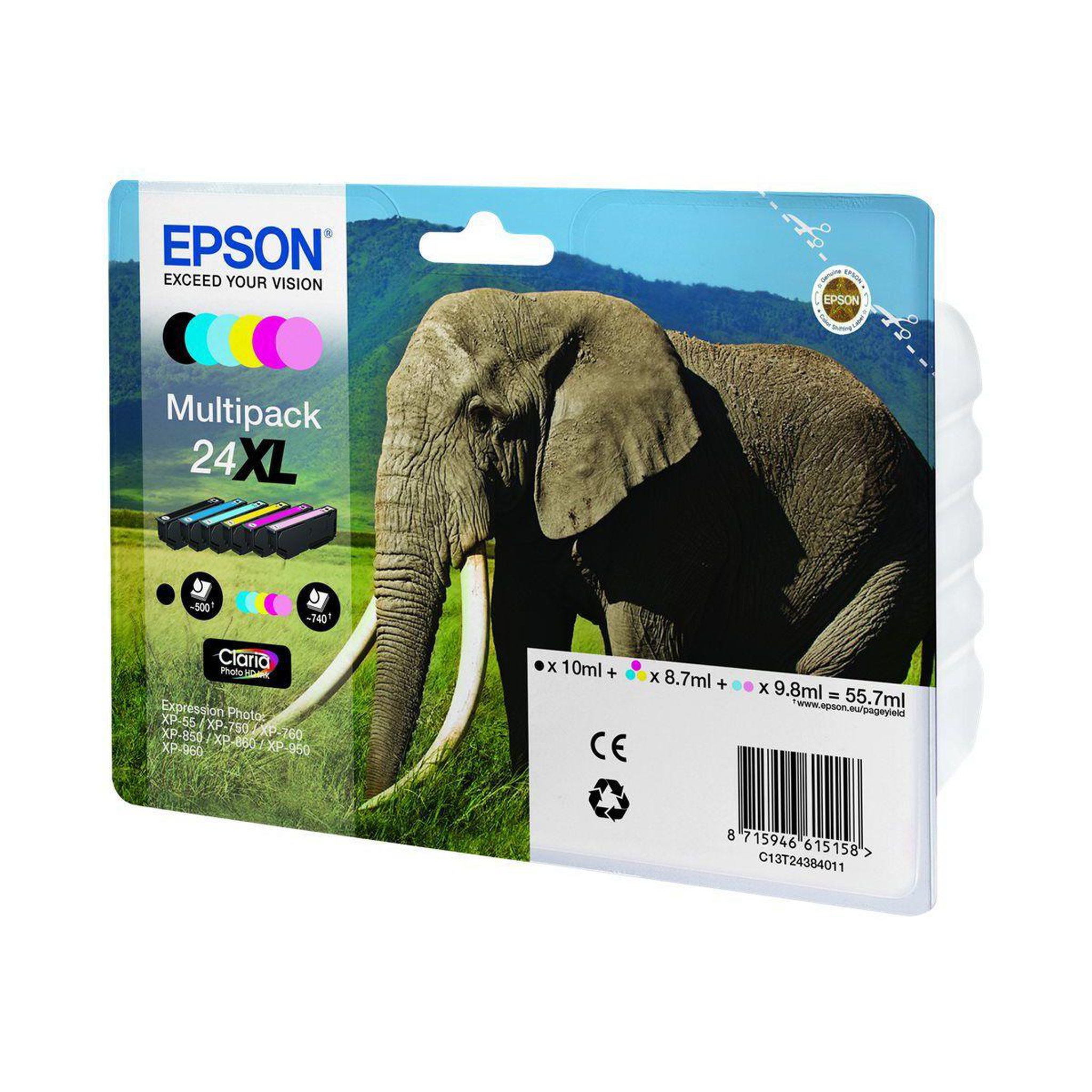 Epson Cartouche d'encre pack multipack 6 originales t24 xl série éléphant (noir + 5 couleurs) - c13t24384010