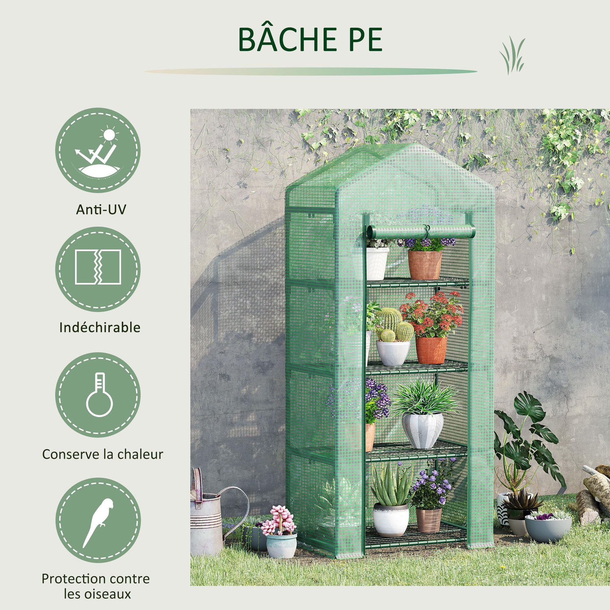 Voir la diapositive 5 : OUTSUNNY Serre de jardin balcon étagère serre 4 niveaux 0,7L x 0,5l x 1,6H m acier galvanisé bâche amovible PE haute densité vert