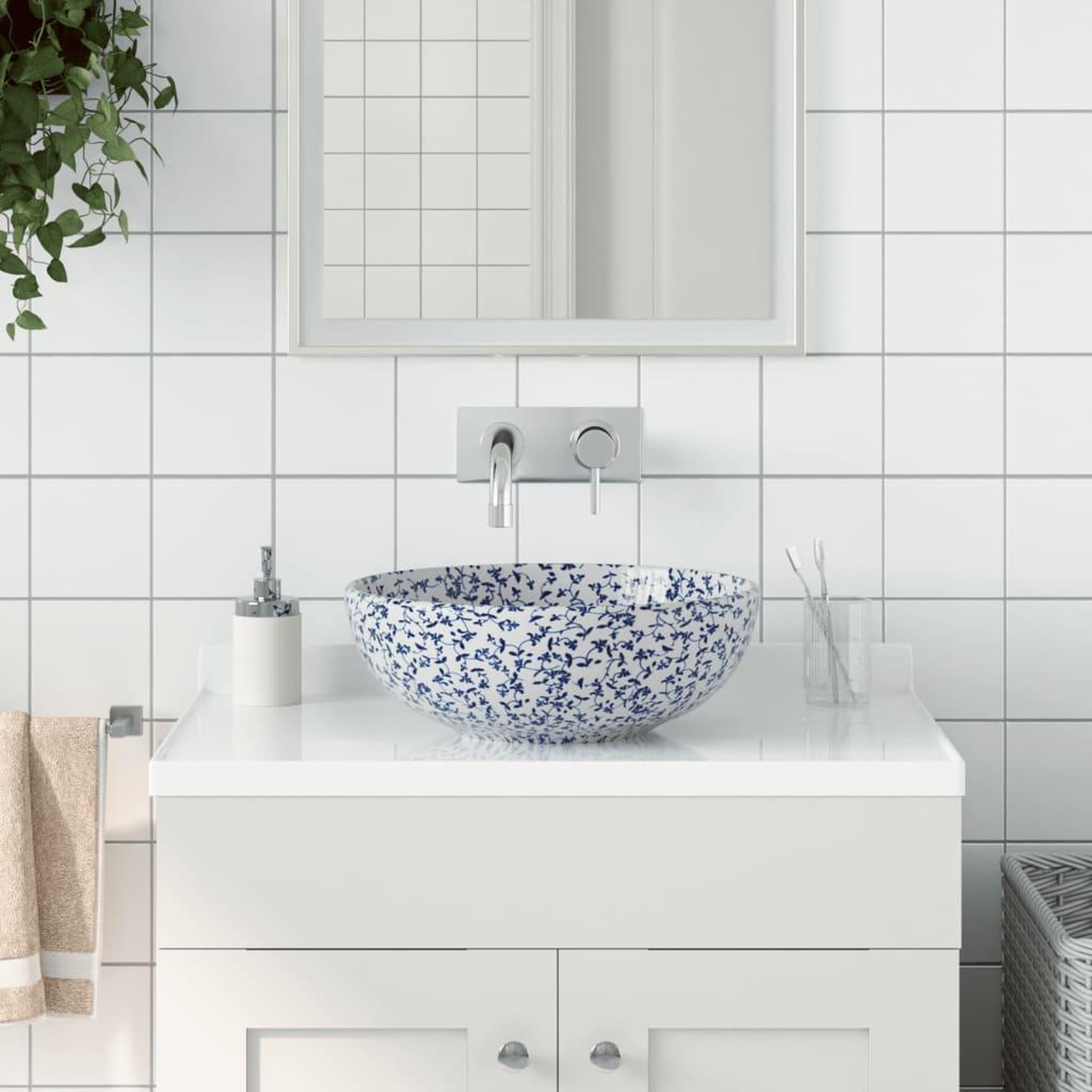 VIDAXL Vasque a poser blanc et bleu rond Φ41x14 cm ceramique