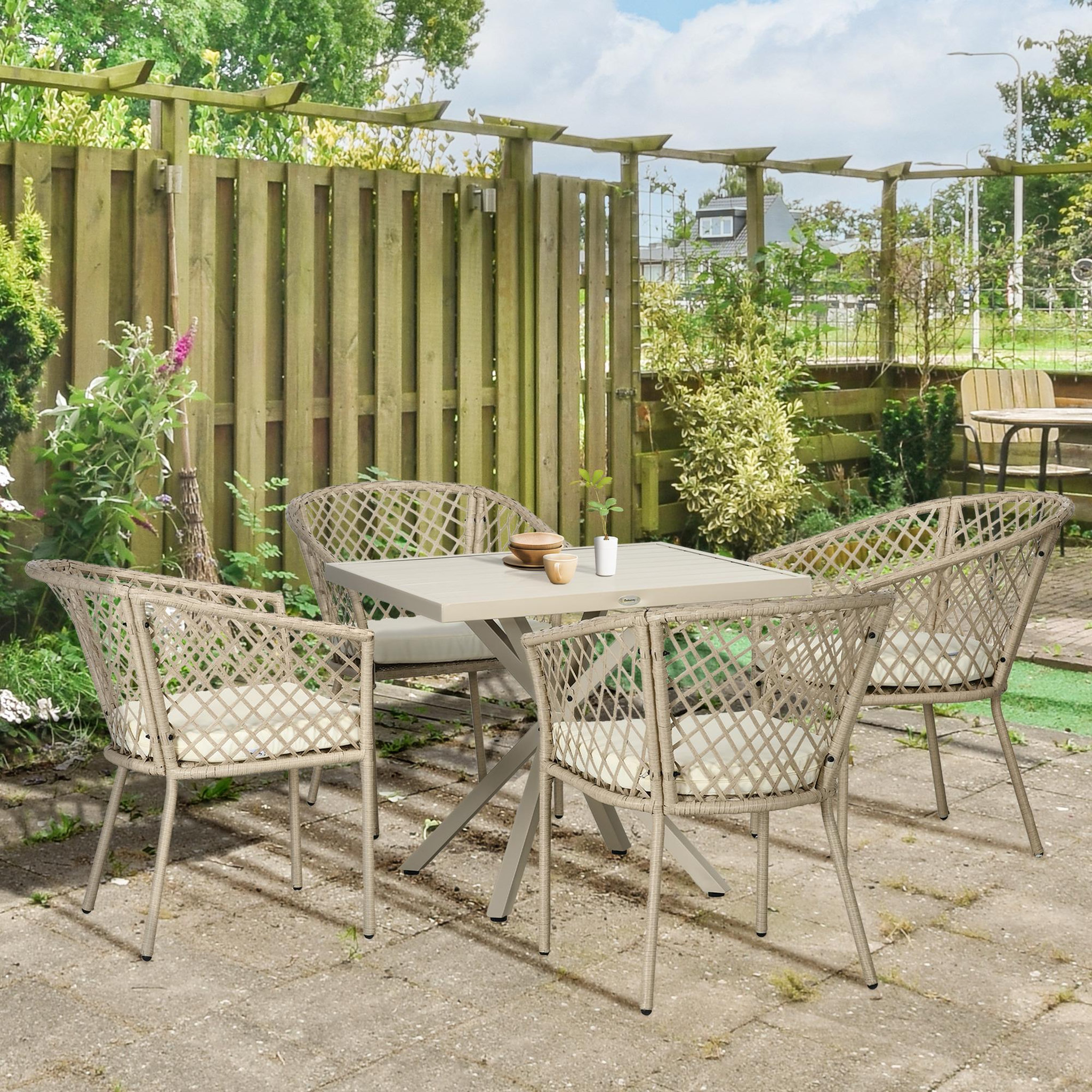 Voir la diapositive 2 : OUTSUNNY Ensemble salle à manger de jardin 4 places 5 pièces métal résine tressée beige