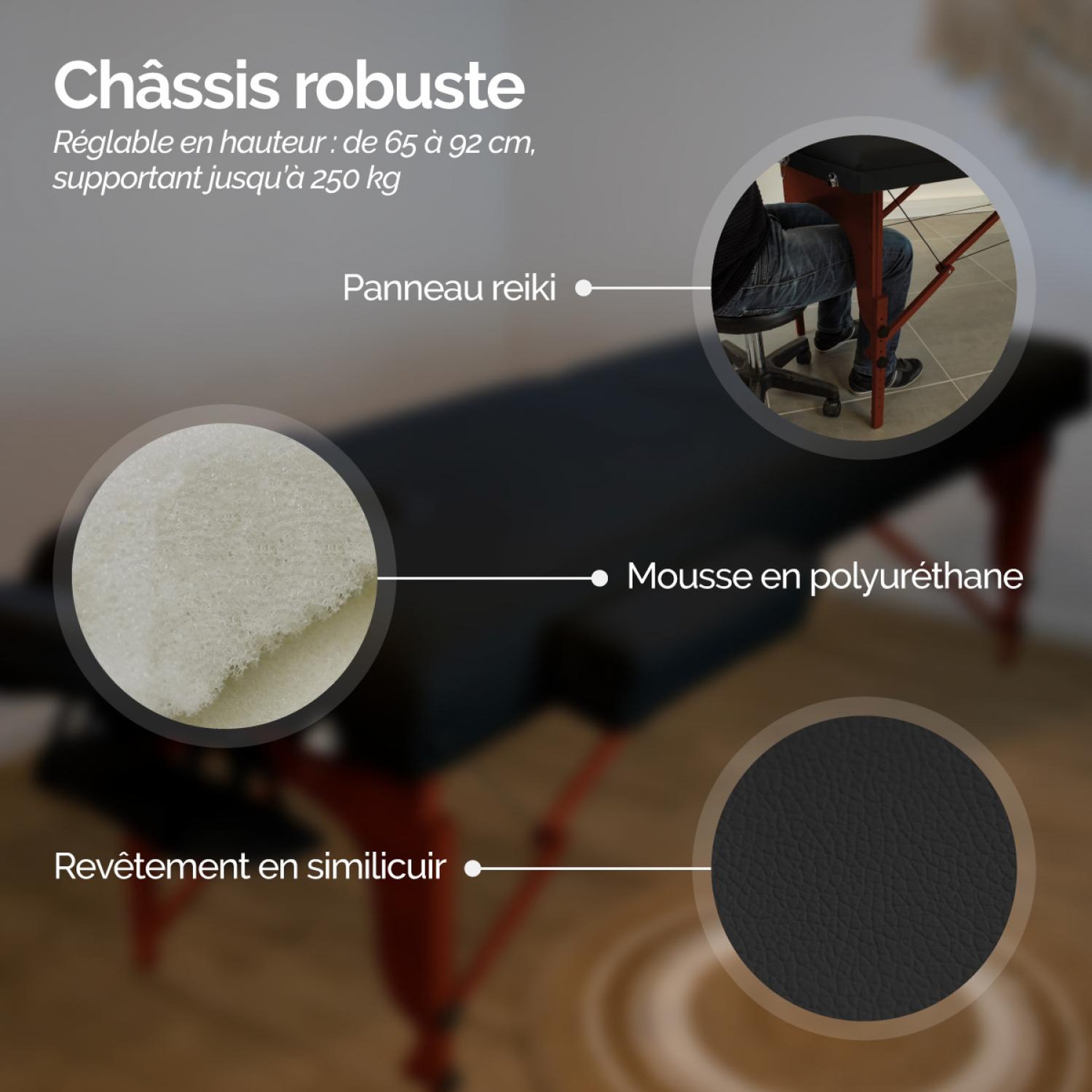 Voir la diapositive 5 : VIVEZEN Table de massage 15 cm pliante 3 zones en bois foncé avec panneau Reiki + Accessoires et housse de transport - Noir