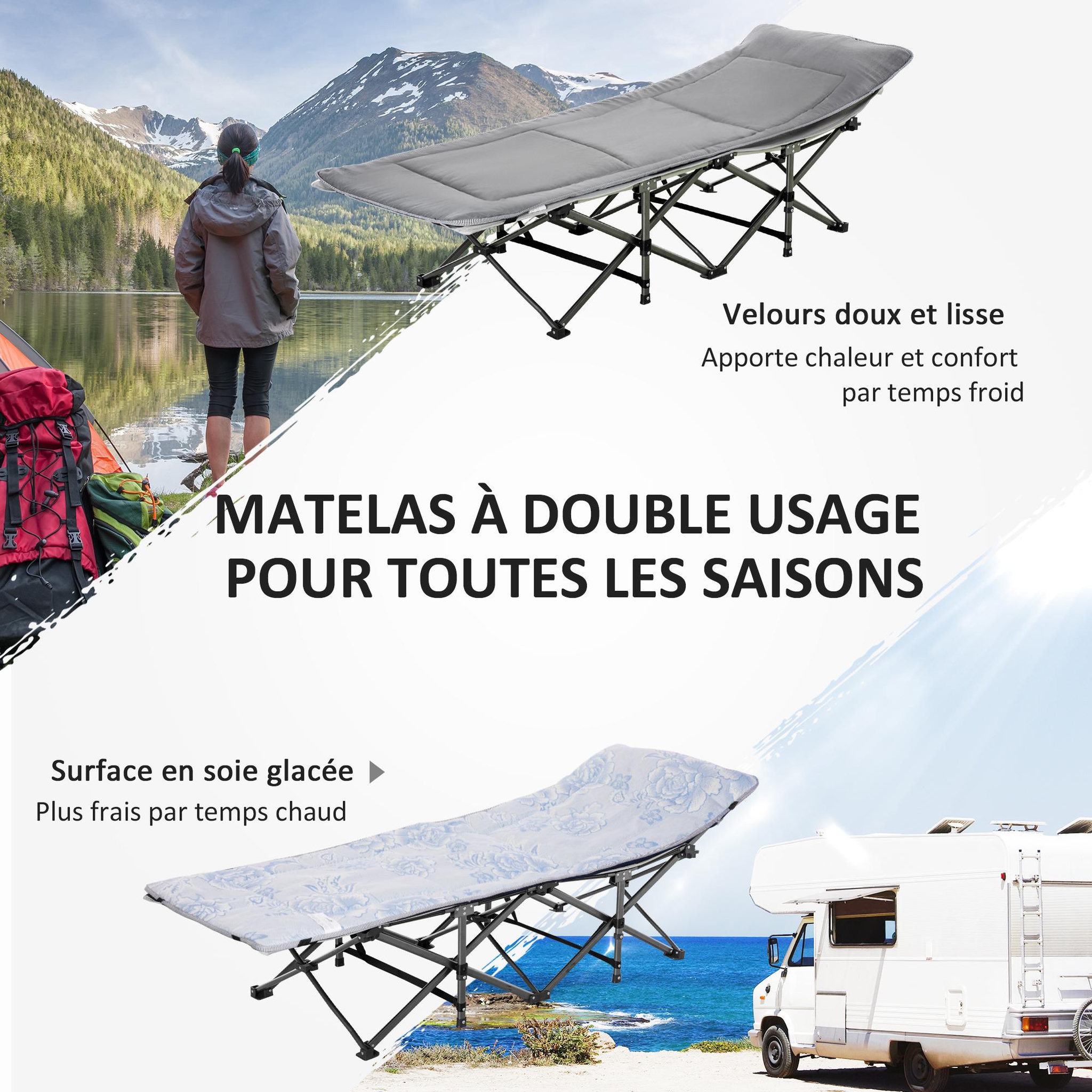 Voir la diapositive 3 : OUTSUNNY Lit de camp lit d'appoint pliable - pochette rangement, tétière, sac de transport, matelas inclus métal Oxford gris