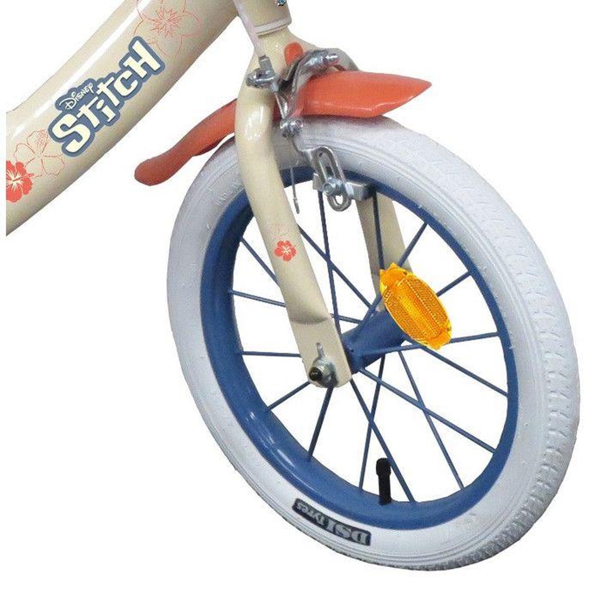 Voir la diapositive 3 : DISNEY Vélo enfant  - Modèle 14'' STITCH / DISNEY (Taille de l'enfant 90 cm à 105 cm) équipé de 2 freins, panier, porte poupée et stabilisateurs.