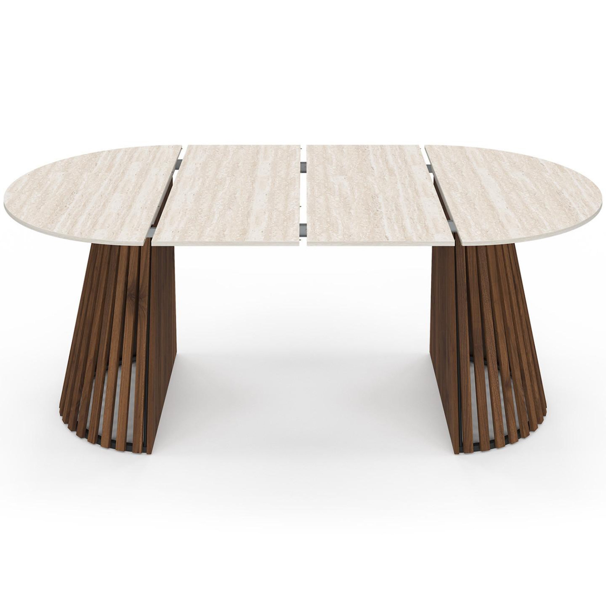 Voir la diapositive 3 : ID MARKET Table à manger extensible ronde carmen 4-10 personnes pied noyer en lattes et plateau effet travertin 110-200 cm